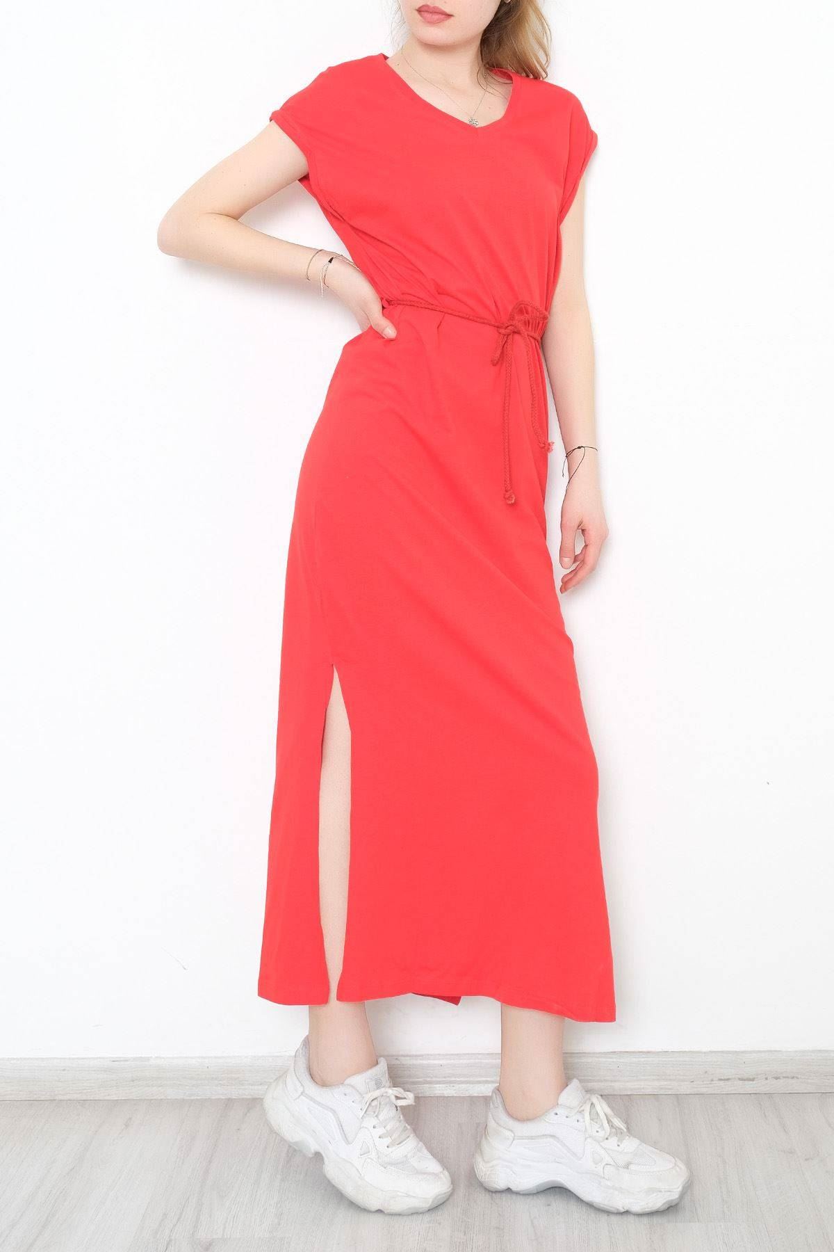 V Yaka Yırtmaçlı Elbise Kırmızı - 2213.105.