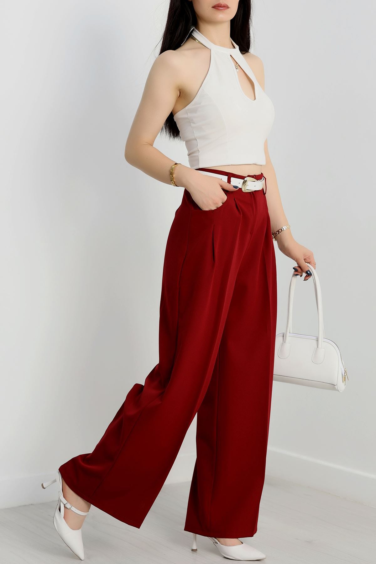 Cepten Pileli Palazzo Pantolon Bordo - 90113.1397.