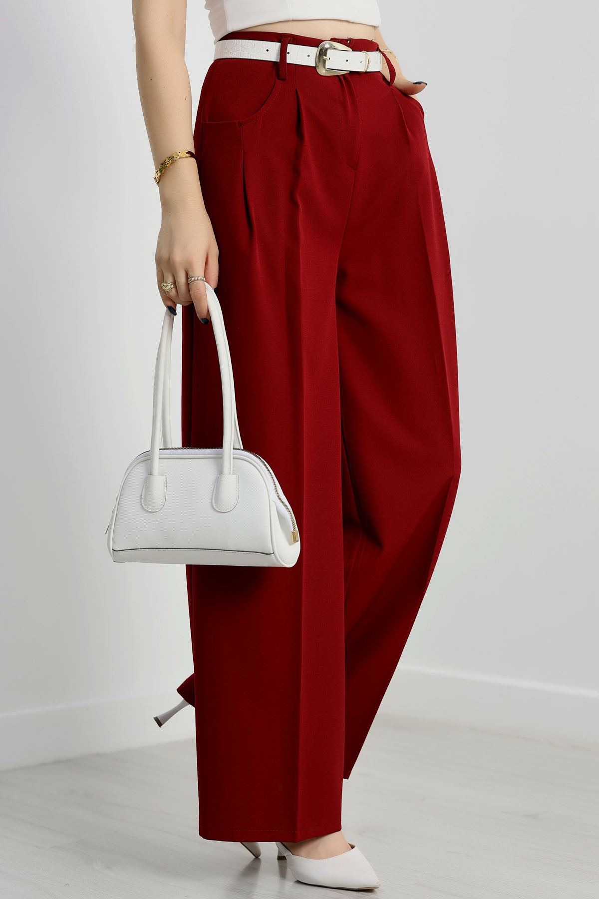 Cepten Pileli Palazzo Pantolon Bordo - 90113.1397.