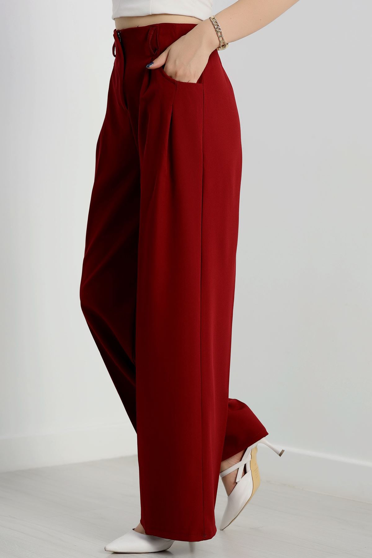 Cepten Pileli Palazzo Pantolon Bordo - 90113.1397.