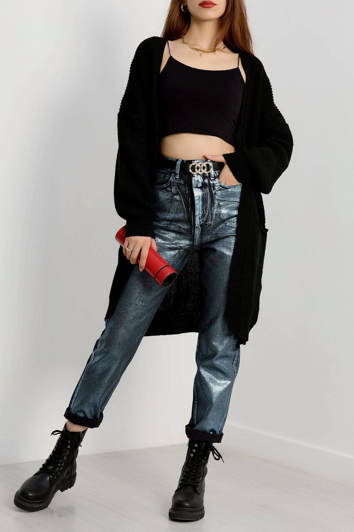 Cep Detaylı Triko Hırka Siyah - 436.1577.