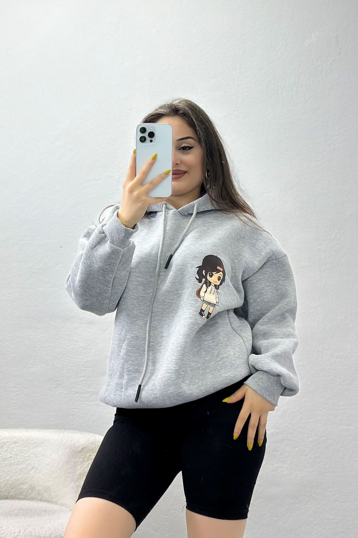 3 İplik Kapşonlu Baskılı Sweat Gri - 42222.1878.