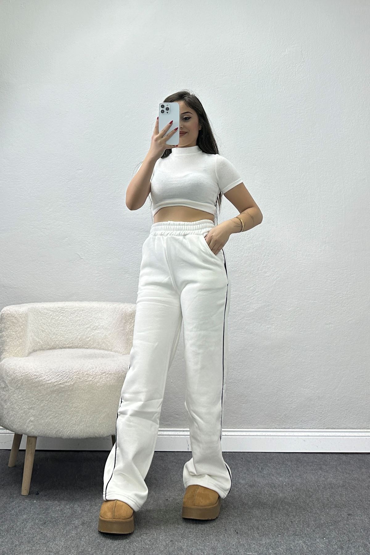 3 İplik Biyeli Palazzo Eşofman Altı Ekru - 30104.1878.