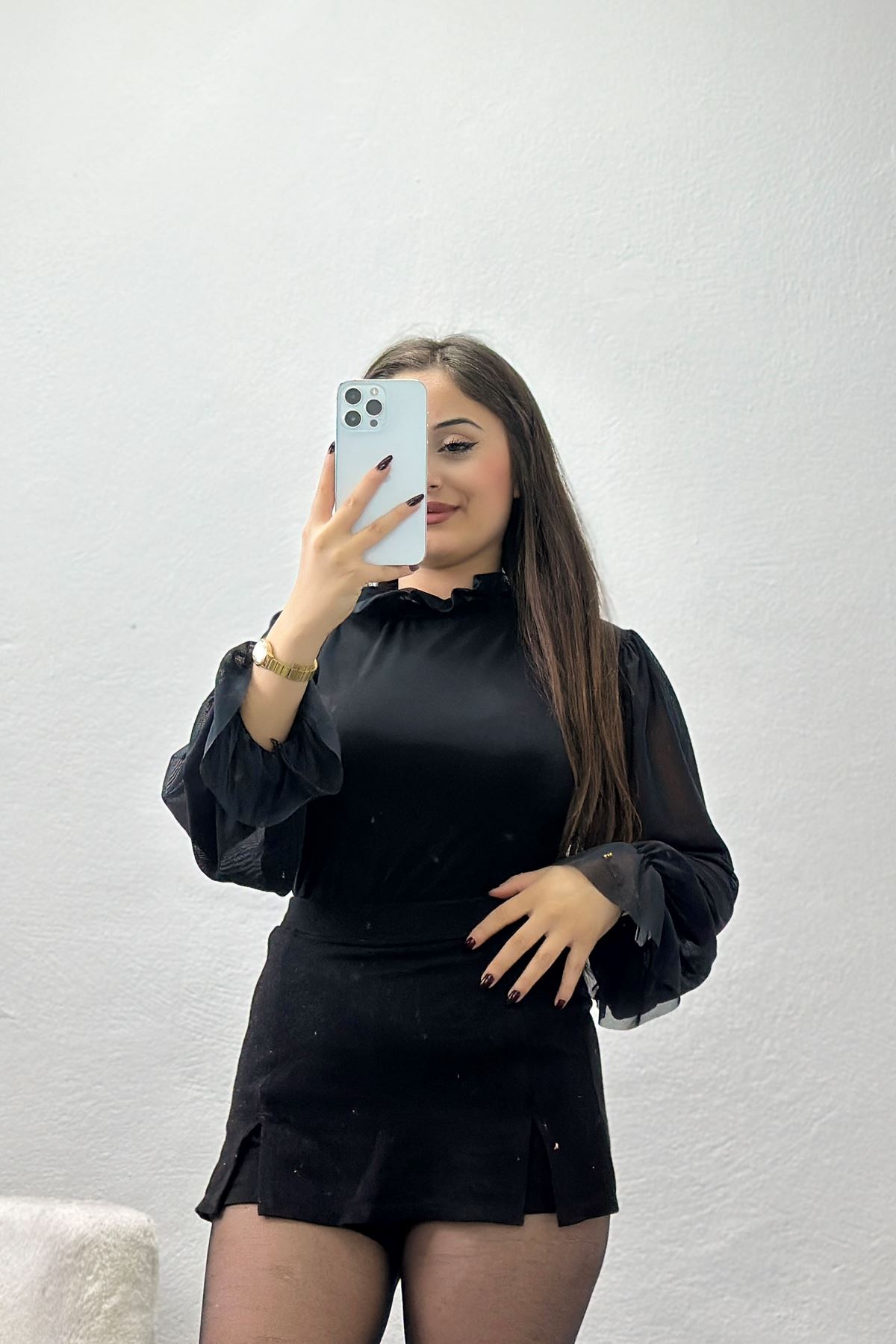 Kolu Tüllü Dik Yaka Sandy Bluz Siyah - 70727.1949.