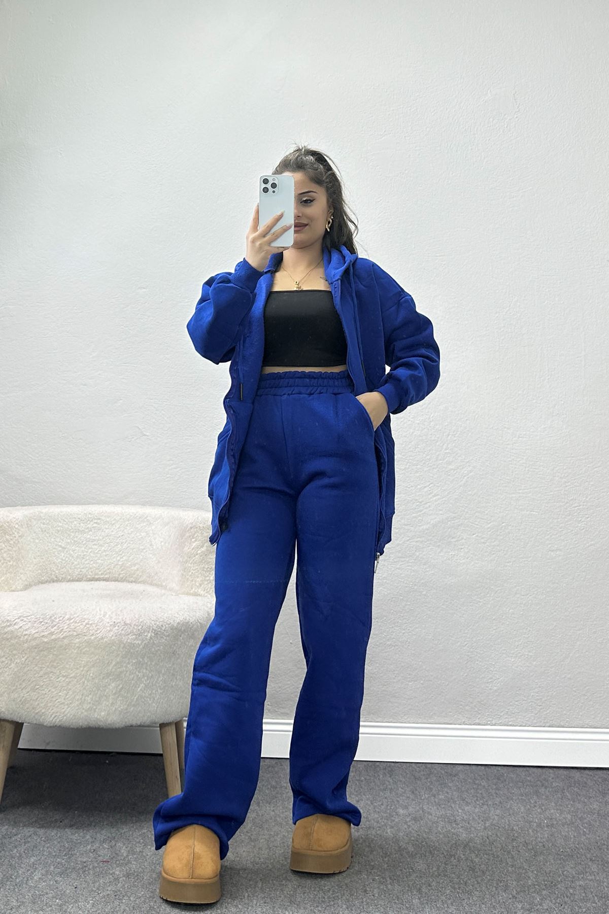 3 İplik Şardonlu Eşofman Takımı Saks - 20254.1878.