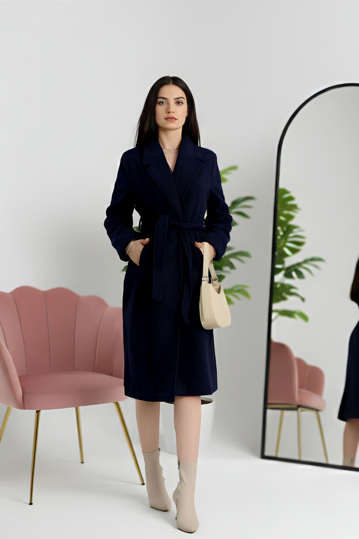 110Cm Astarlı Kaşe Kaban Lacivert - 90038.1839.