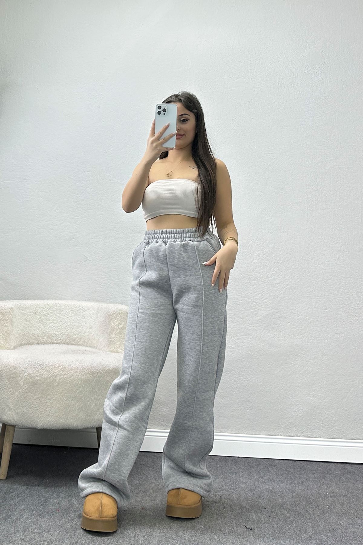 3 İplik Önü Çımalı Eşofman Altı Gri - 42520.1878.