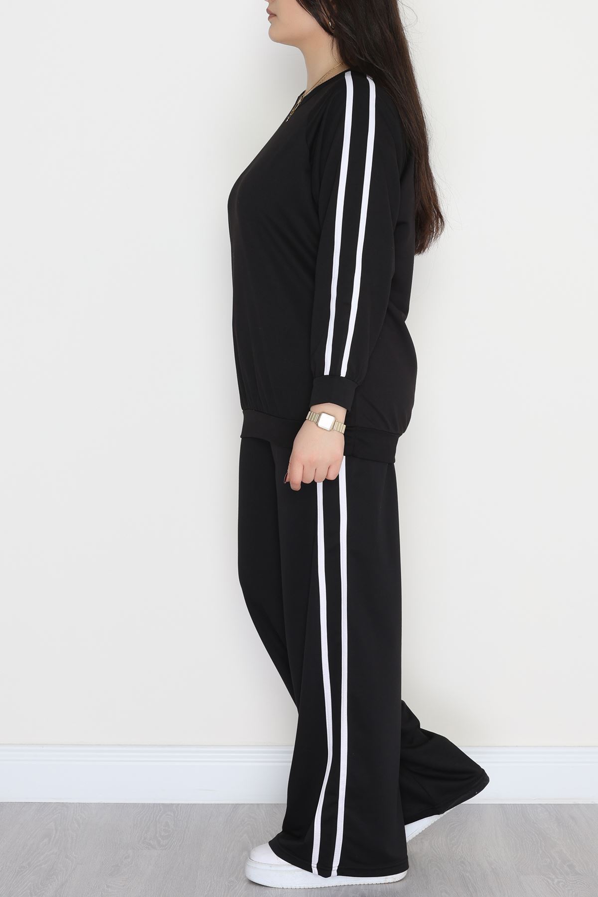 Şeritli 2 İplik Büyük Beden Eşofman Takımı Siyah - 50787.1857.