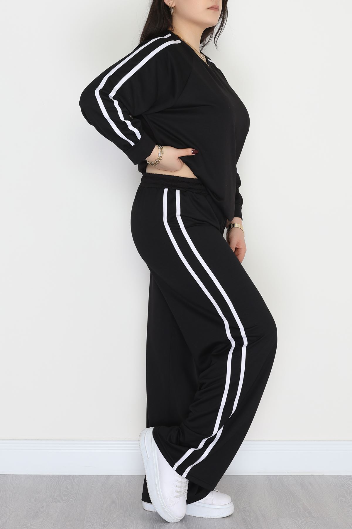 Şeritli 2 İplik Büyük Beden Eşofman Takımı Siyah - 50787.1857.