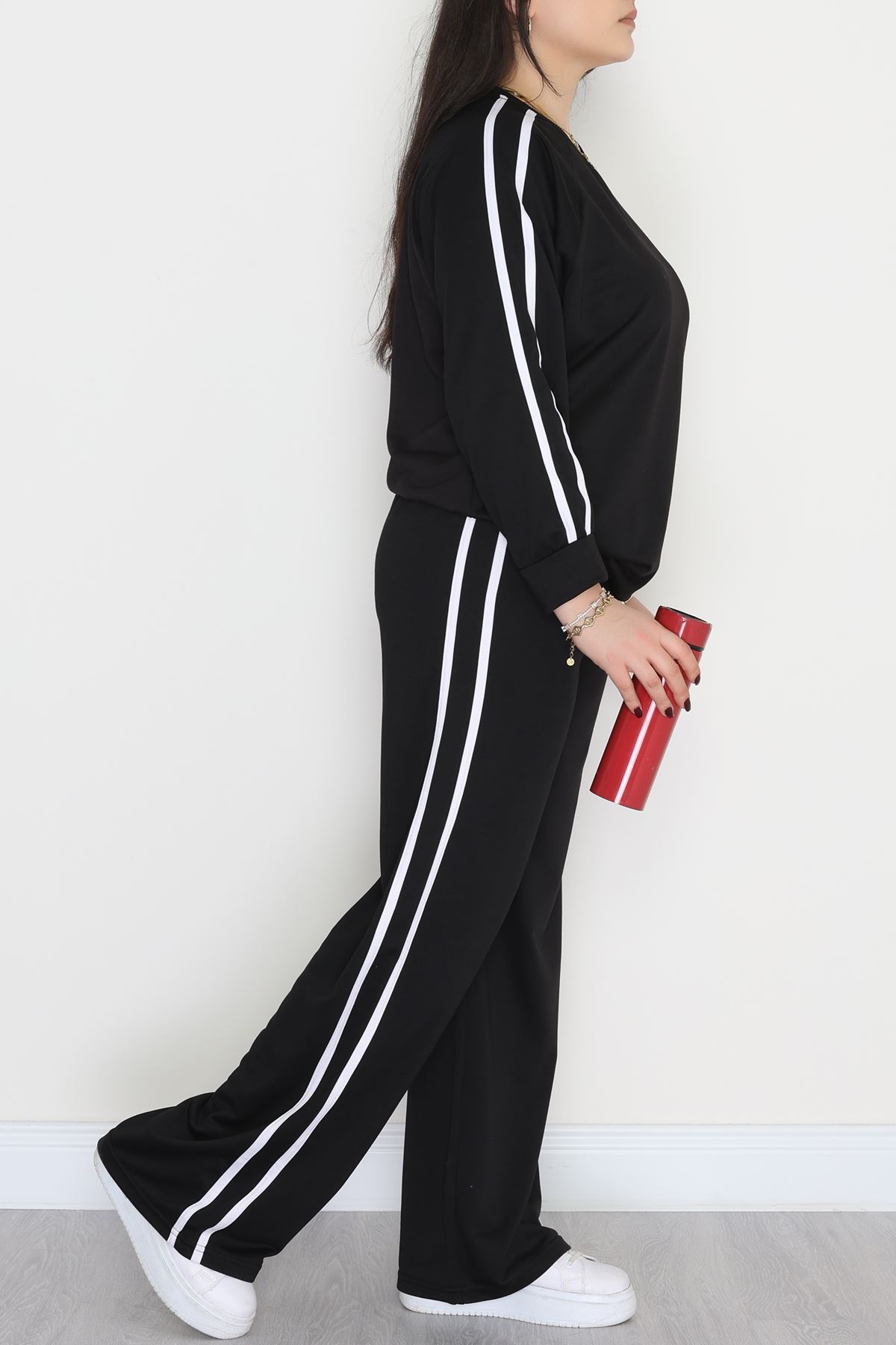 Şeritli 2 İplik Büyük Beden Eşofman Takımı Siyah - 50787.1857.