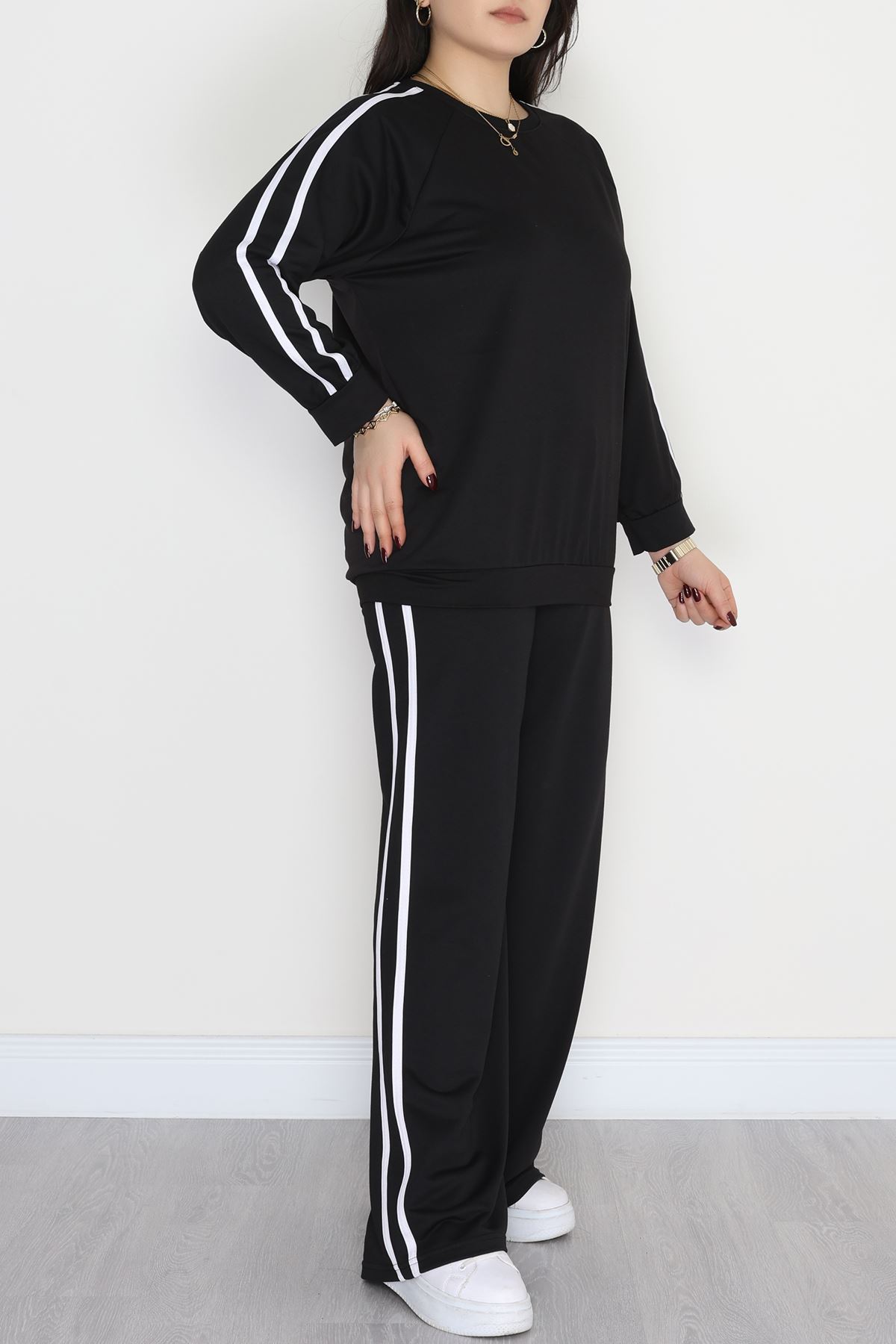 Şeritli 2 İplik Büyük Beden Eşofman Takımı Siyah - 50787.1857.