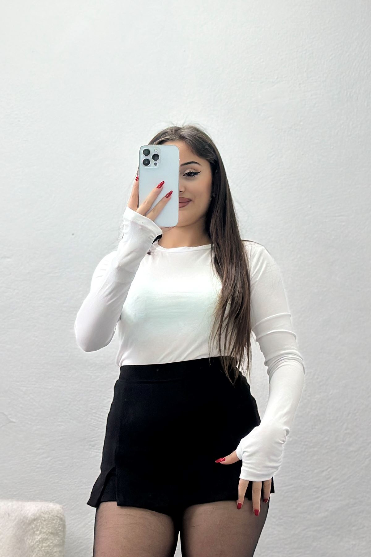 Bisiklet Yaka Parmak Geçmeli Viskon Body Beyaz - 40075.599.