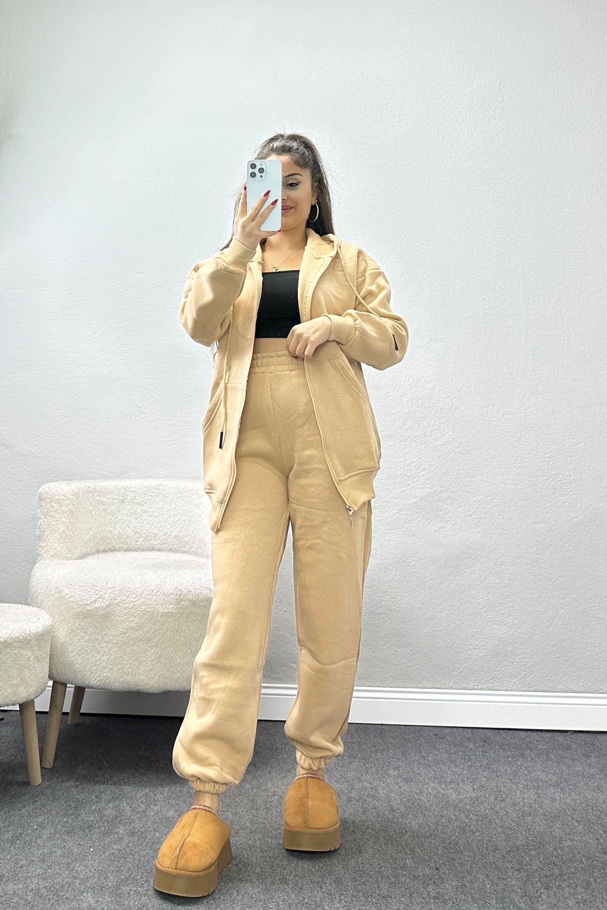 3 İplik Kapşonlu Eşofman Takımı Bej - 20255.1878.