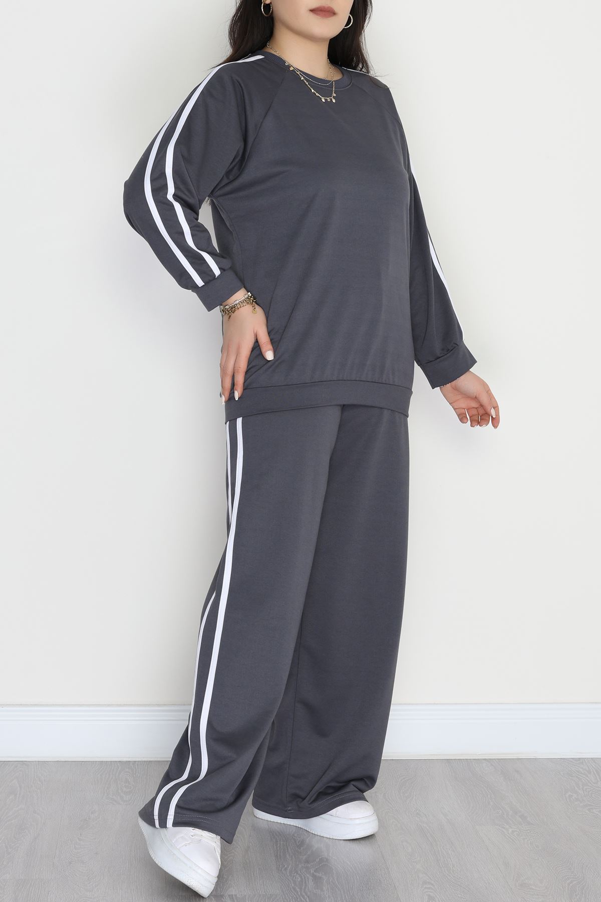 Şeritli 2 İplik Büyük Beden Eşofman Takımı Füme - 50787.1857.