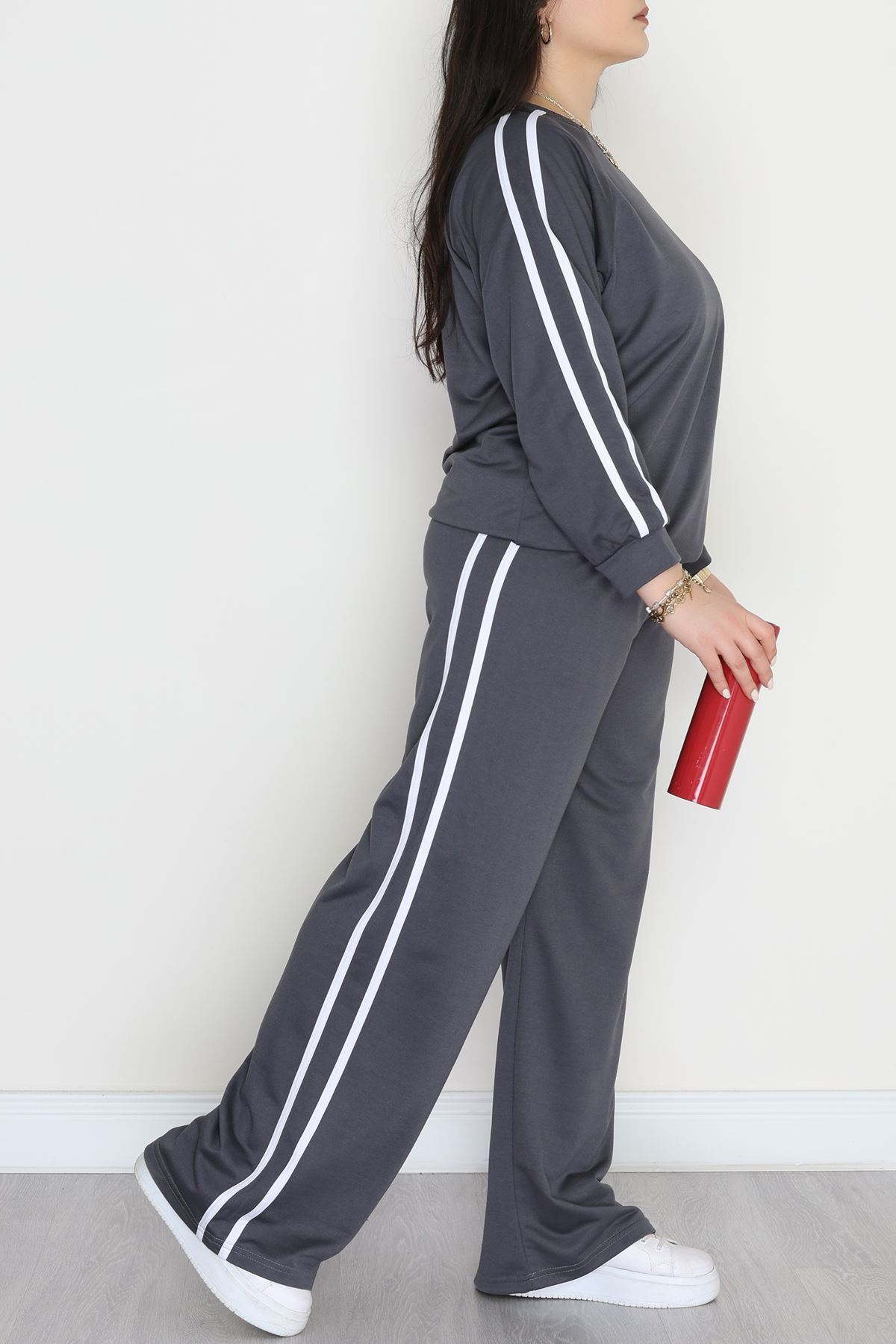 Şeritli 2 İplik Büyük Beden Eşofman Takımı Füme - 50787.1857.