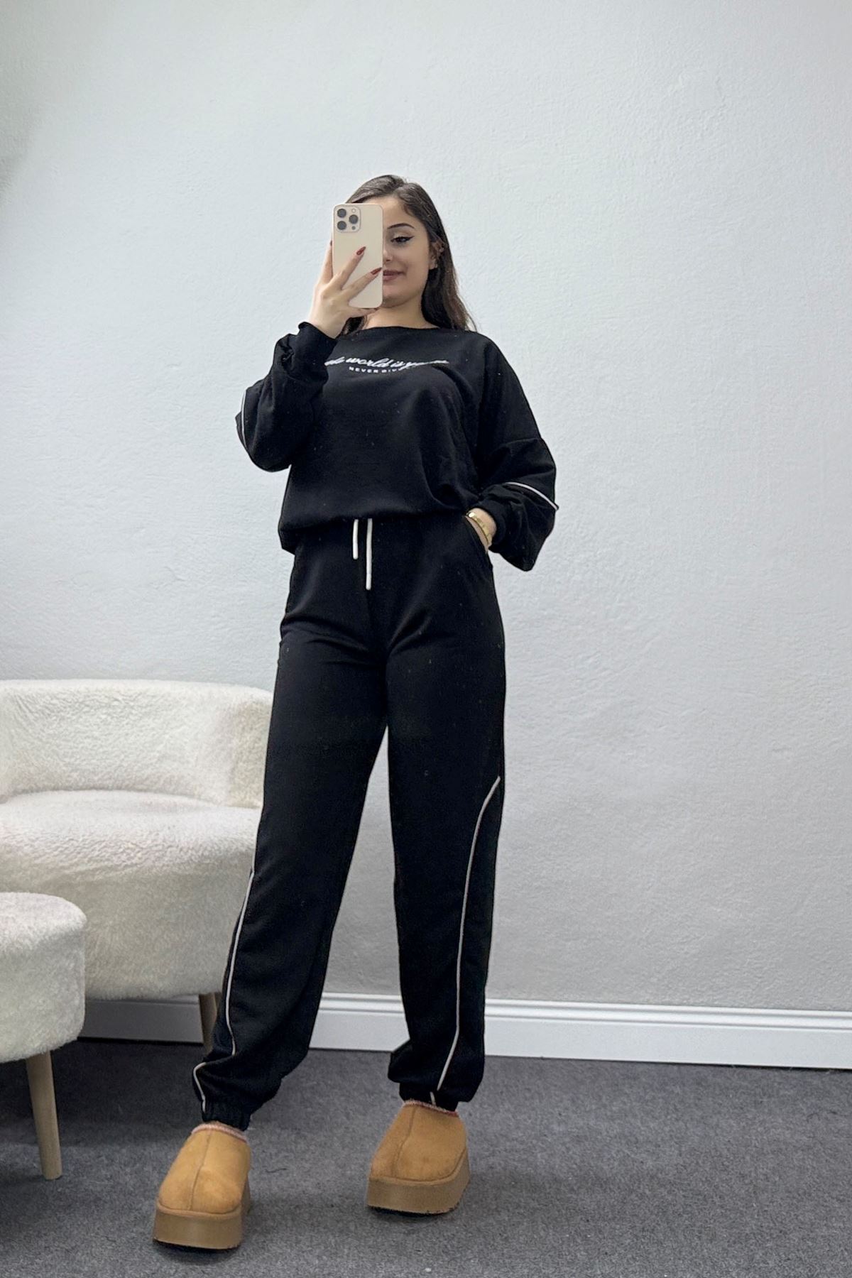 Biyeli Baskılı 2 İplik Eşofman Takımı Siyah - 50791.1857.