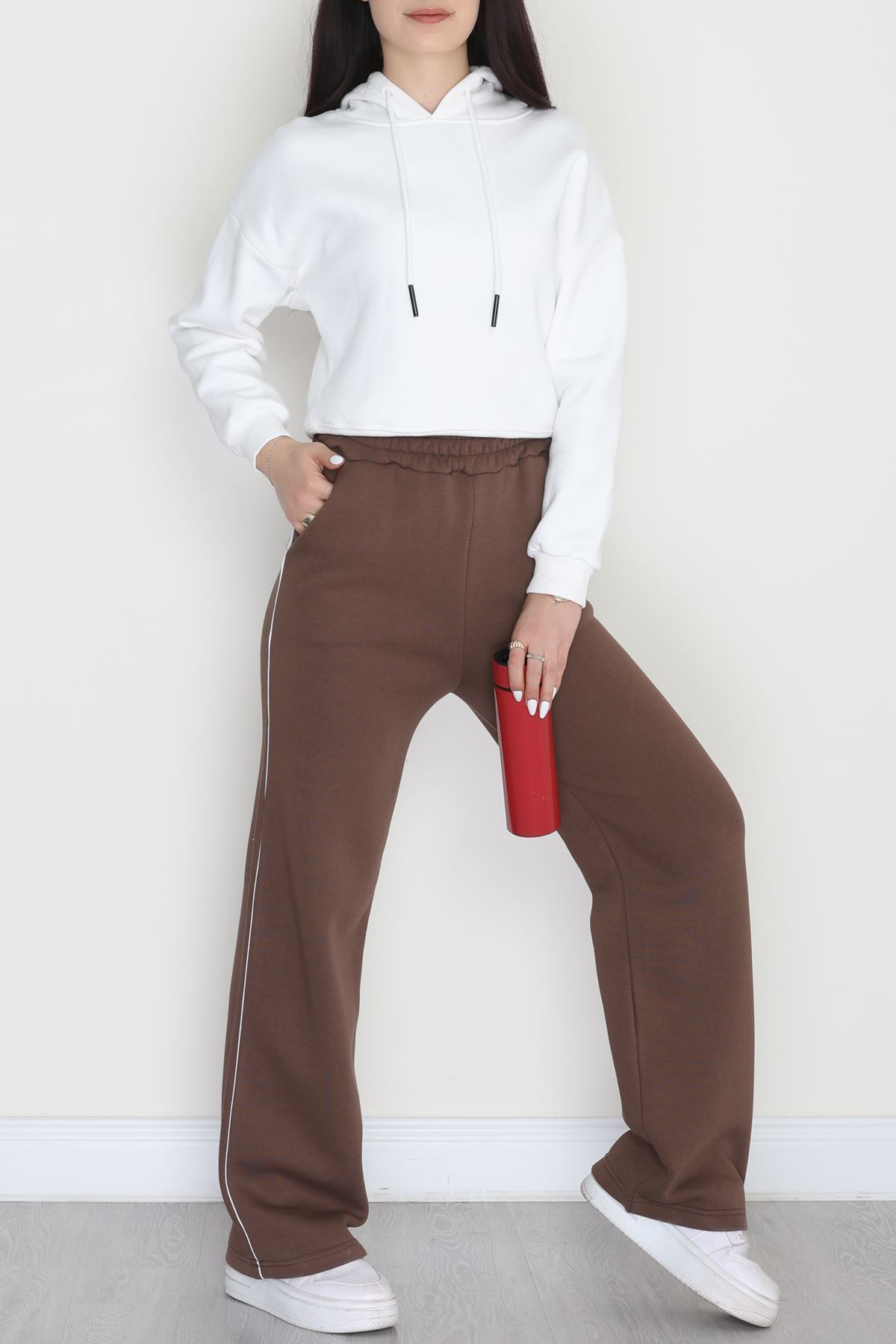 3 İplik Biyeli Palazzo Eşofman Altı Kahve - 30104.1878.