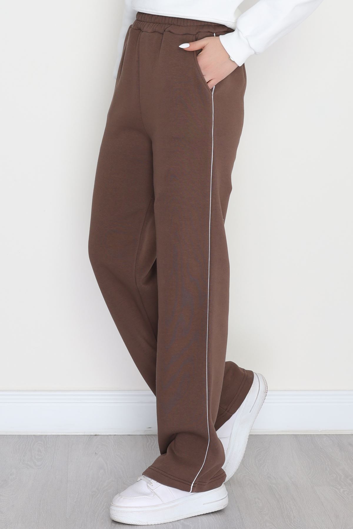 3 İplik Biyeli Palazzo Eşofman Altı Kahve - 30104.1878.