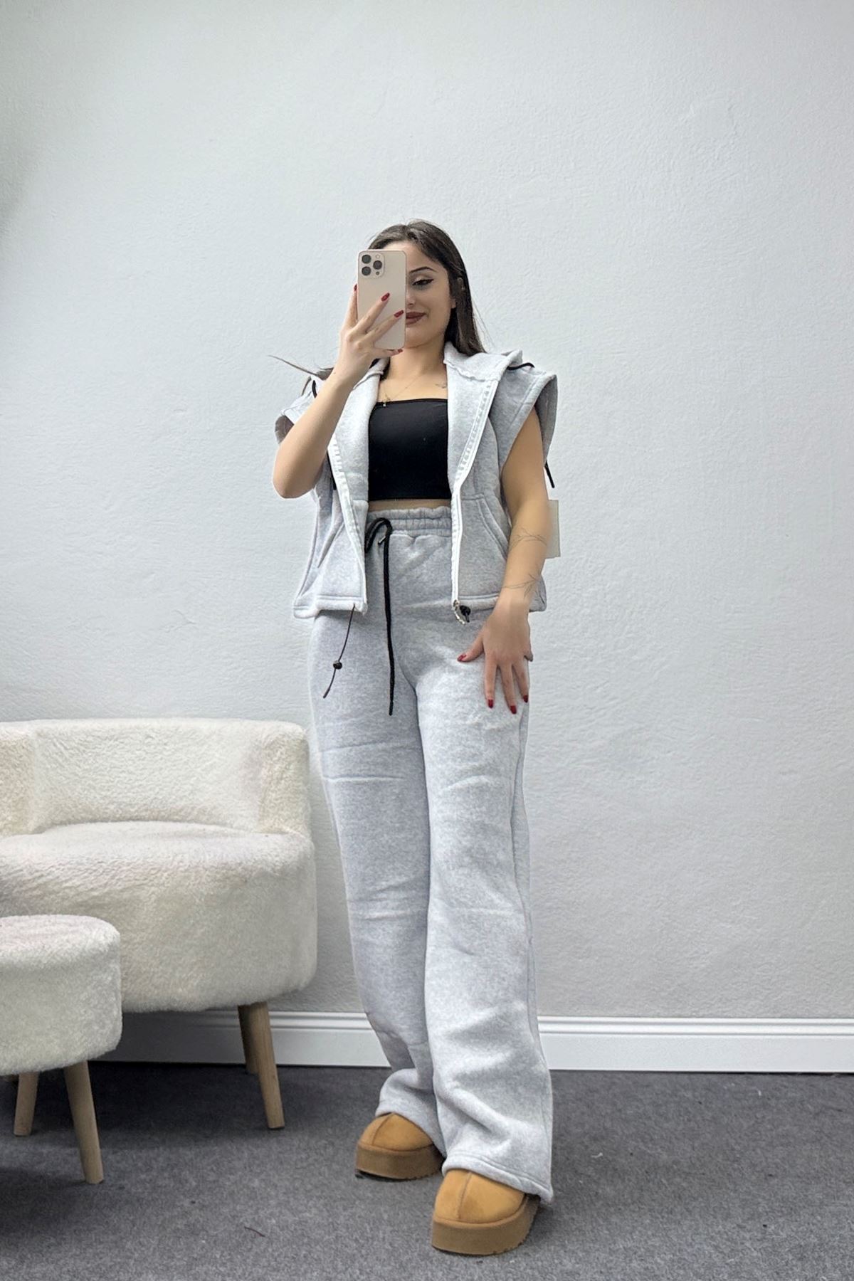 3 İplik Şardonlu Yelekli Takım Açıkgri - 42200.1857.