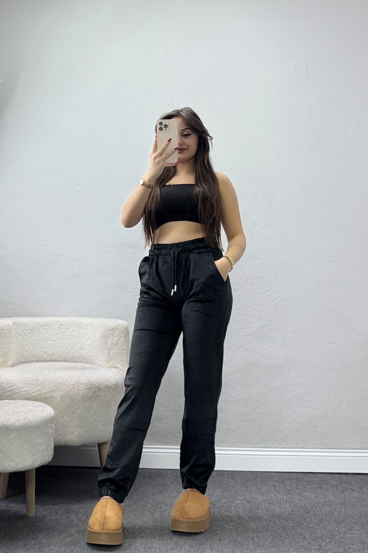 Fransız Kadife Likralı Eşofman Altı Siyah - 80902.1301.