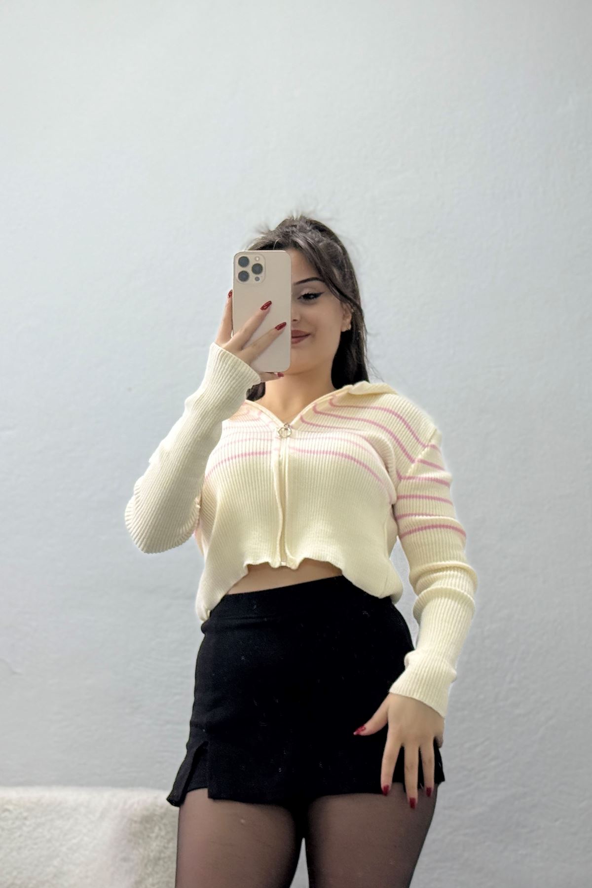 Kapşonlu Çizgili Triko Ekrupembe - 42468.2043.