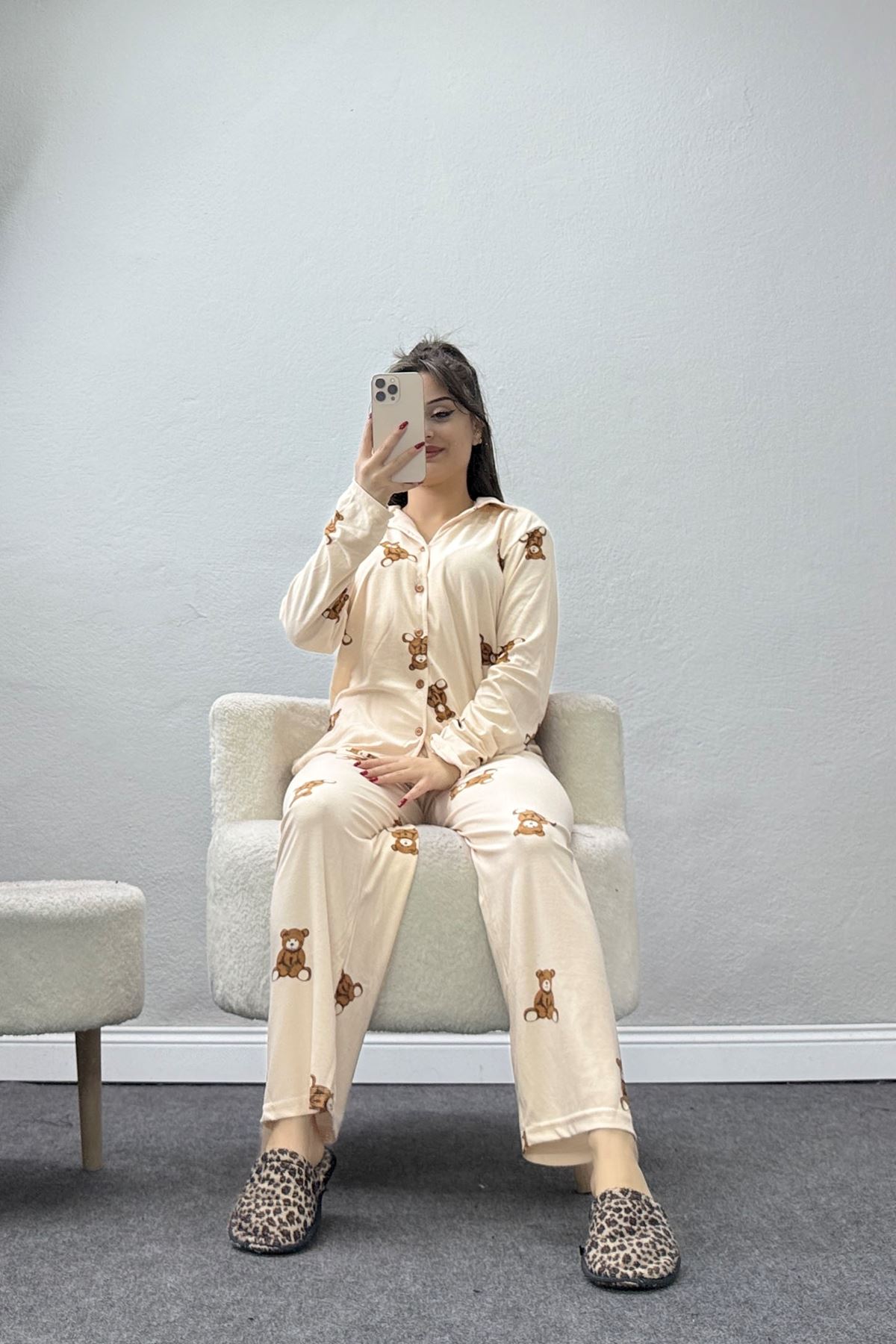 Düğmeli Süet Pijama Takımı Bejkahve1 - 450.1287.