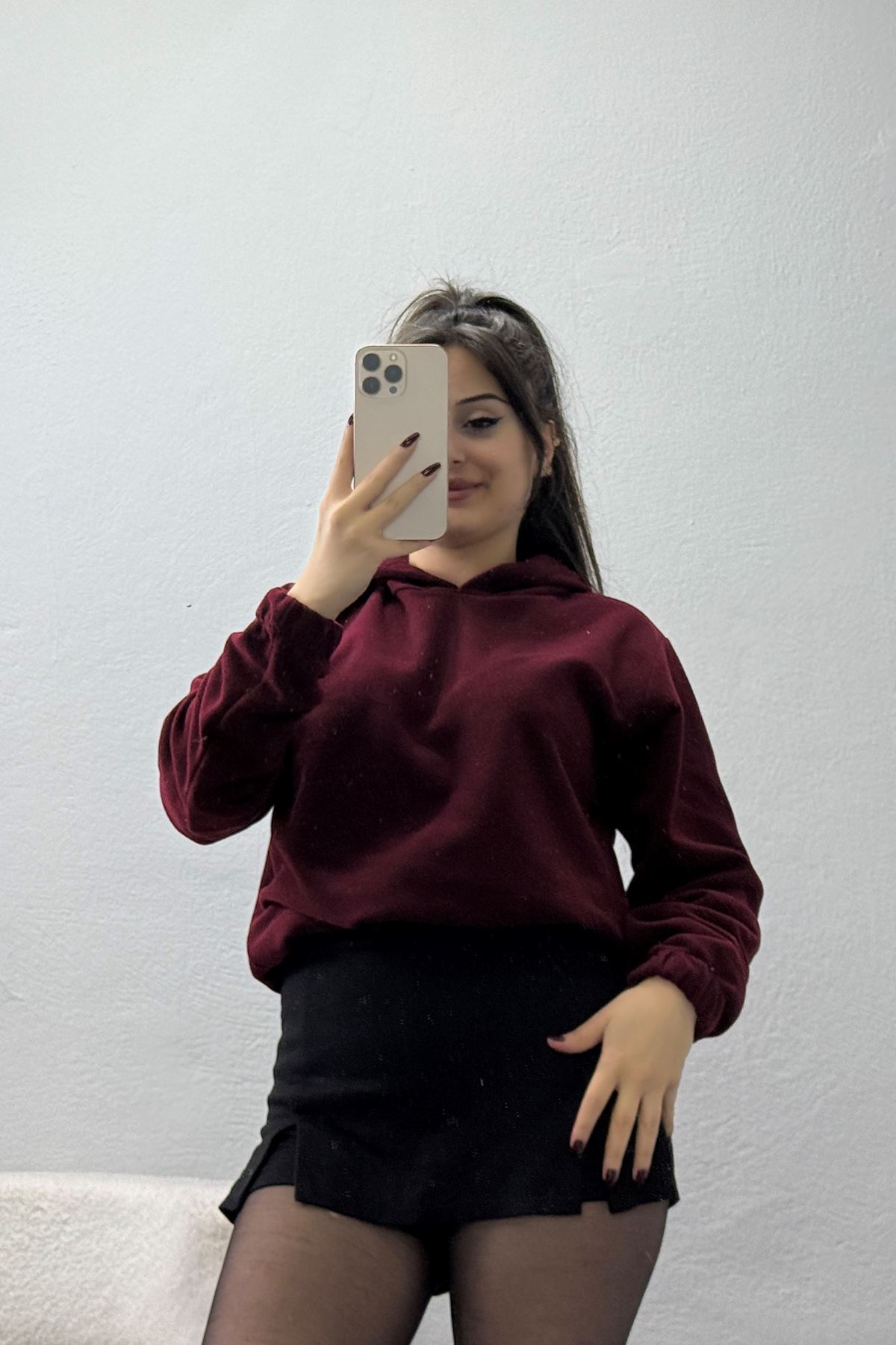 Bel Lastikli Kapşonlu Polar Sweat Bordo - 52035.053.