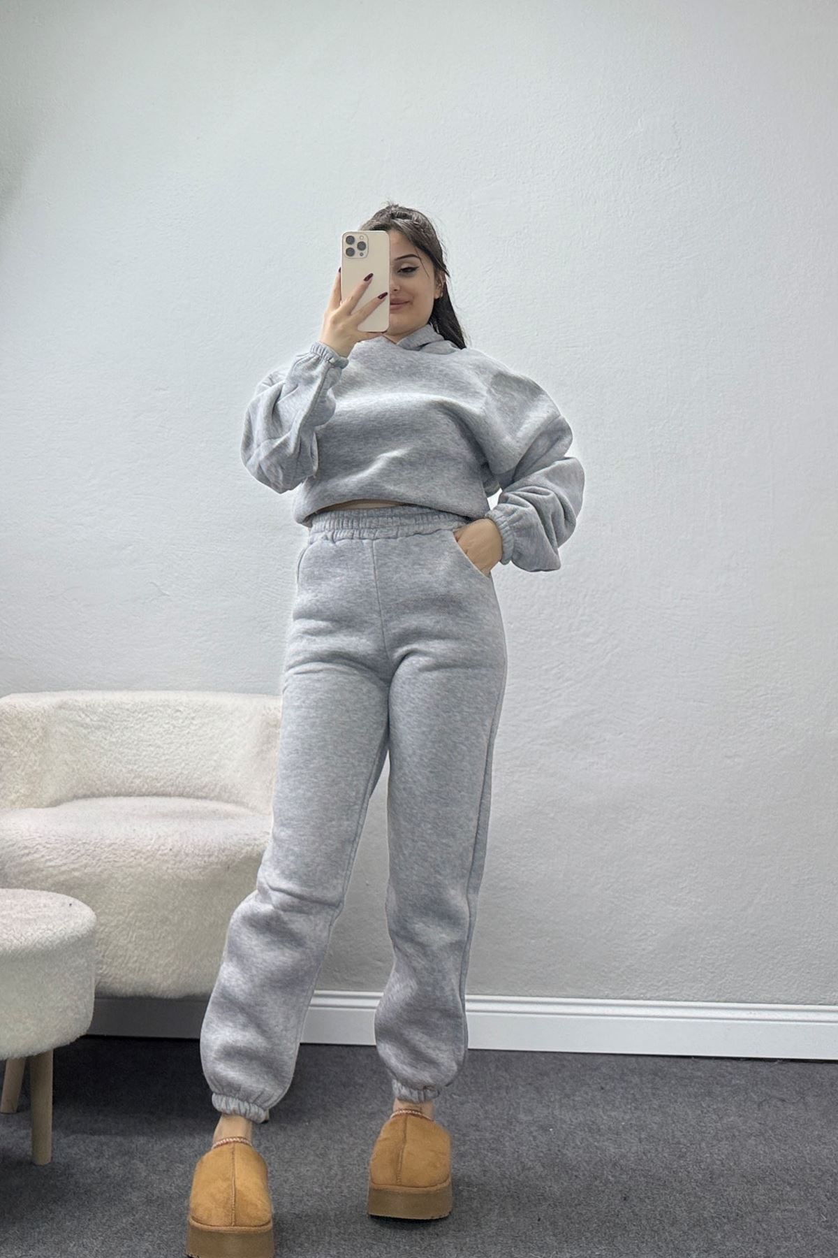 3 İplik Şardonlu Eşofman Takımı Gri - 52049.1878.