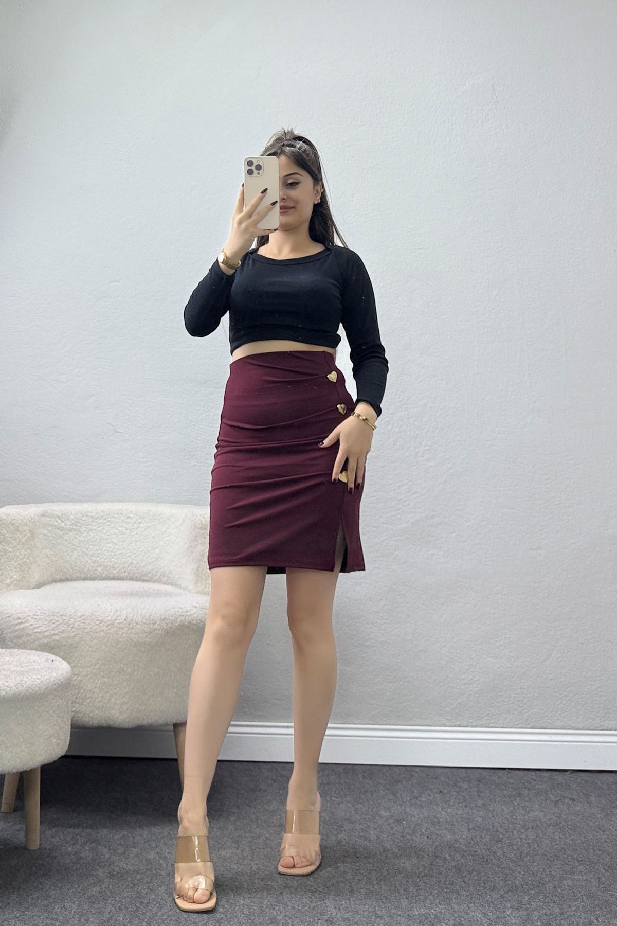 Dalgıç Kumaş Düğme Detaylı Mini Etek Bordo - 51045.1223.