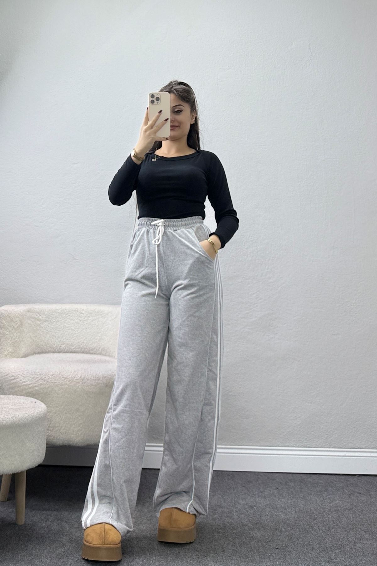 Şeritli 2 İplik Eşofman Altı Gri - 52028.1005.