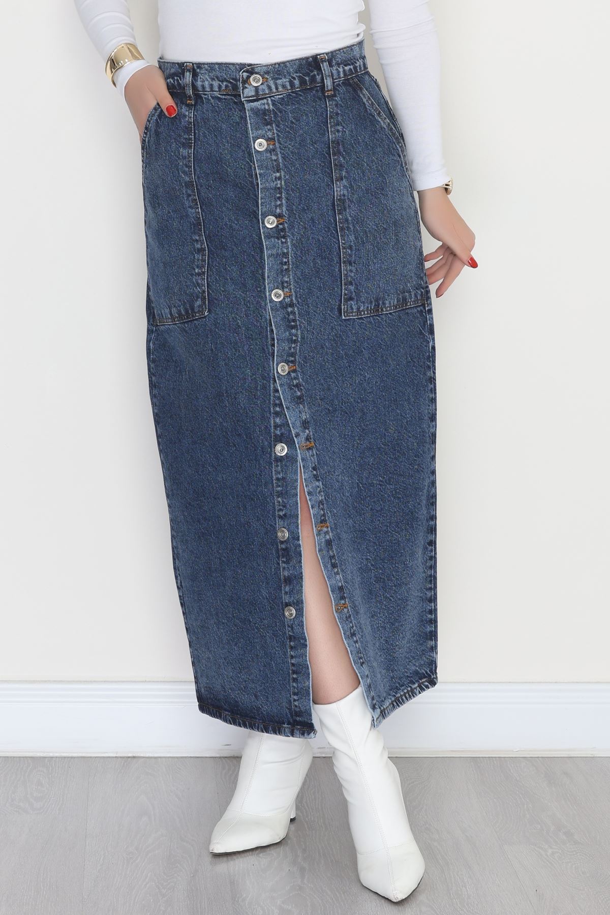 Düğmeli Kot Etek Çelikmavi - 31555.2088.