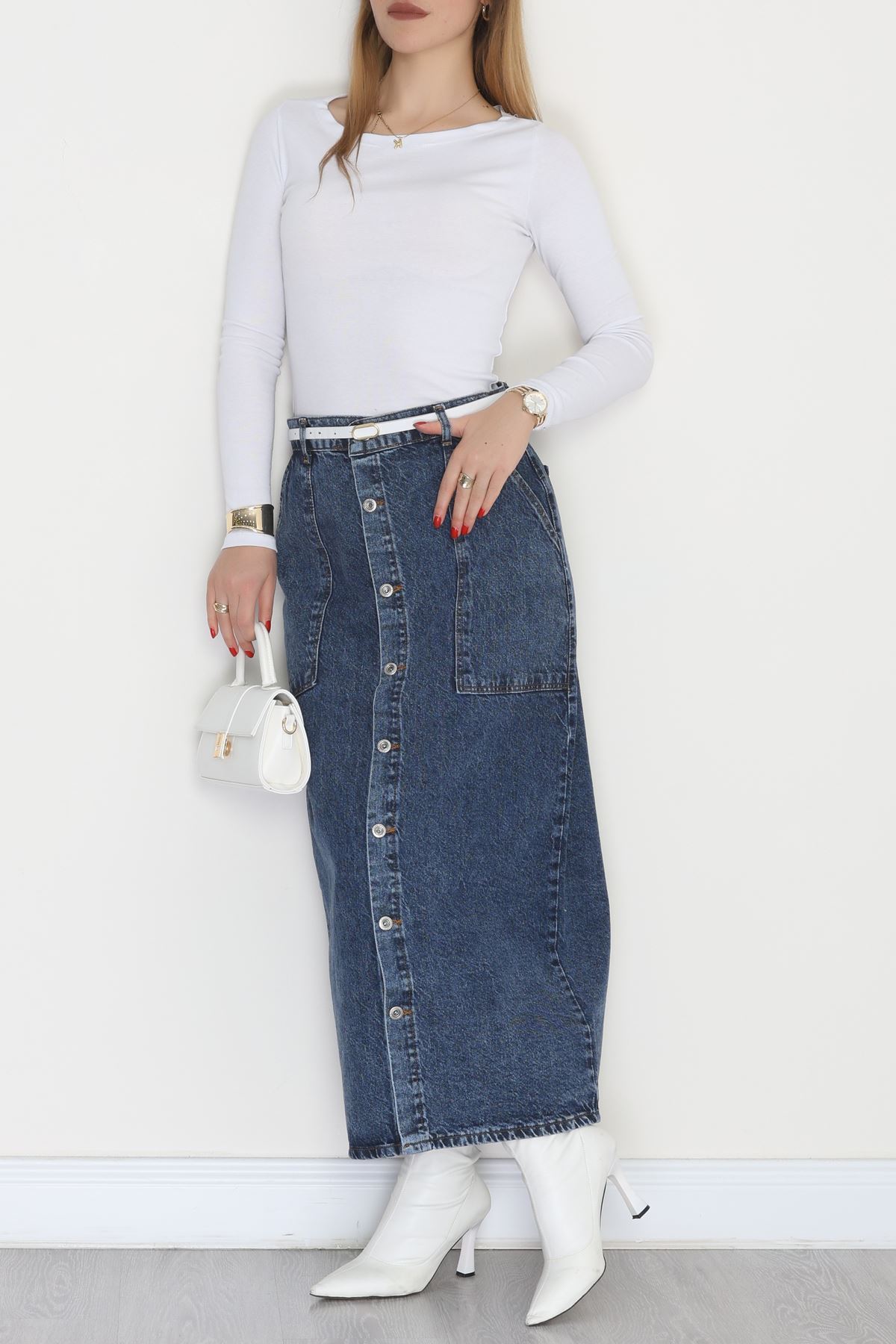 Düğmeli Kot Etek Çelikmavi - 31555.2088.