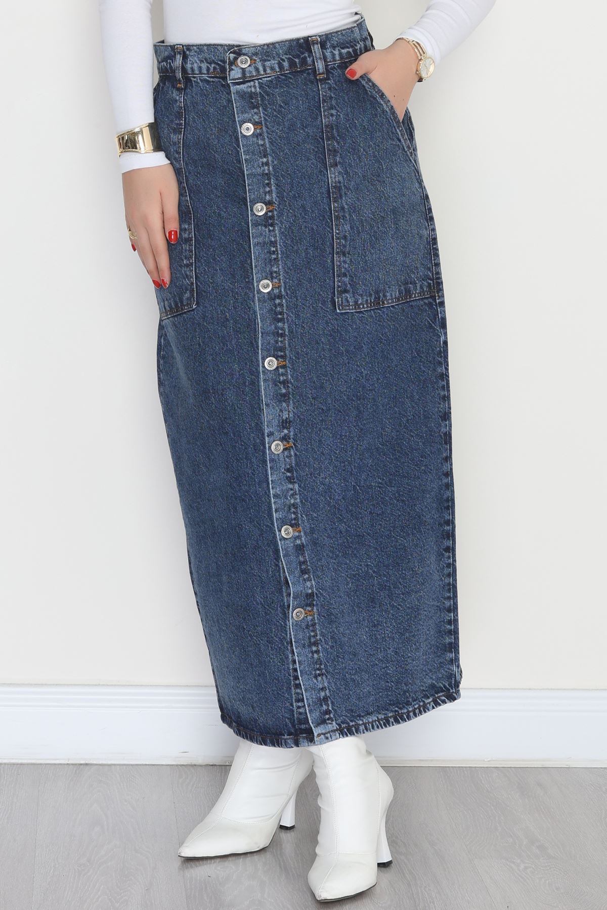 Düğmeli Kot Etek Çelikmavi - 31555.2088.