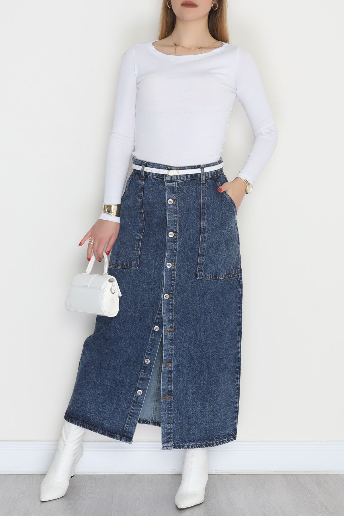 Düğmeli Kot Etek Çelikmavi - 31555.2088.