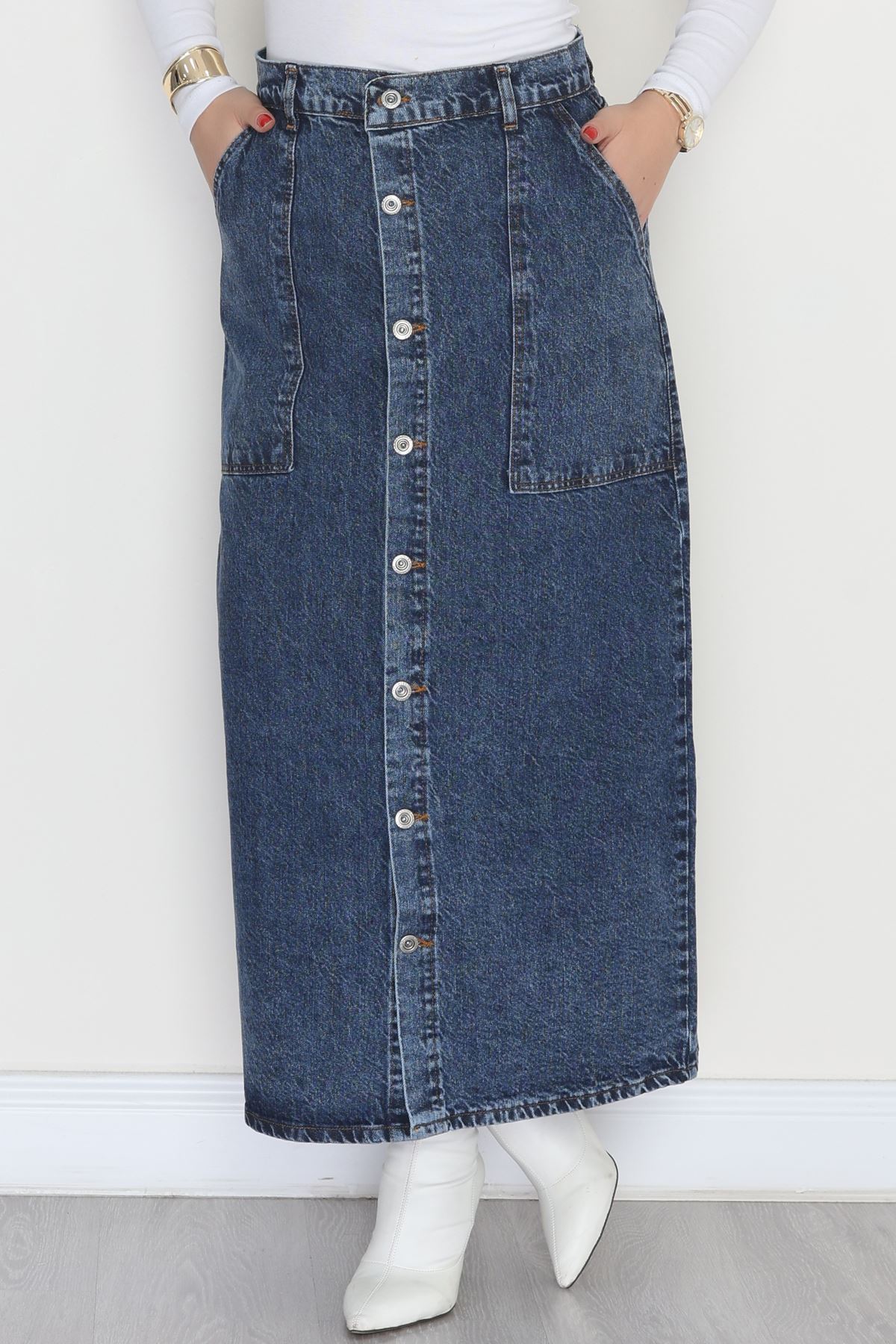 Düğmeli Kot Etek Çelikmavi - 31555.2088.