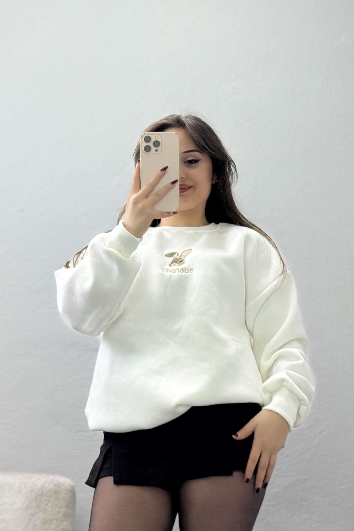 3 İplik Şardonlu Nakışlı Sweat Ekru - 42608.1878.