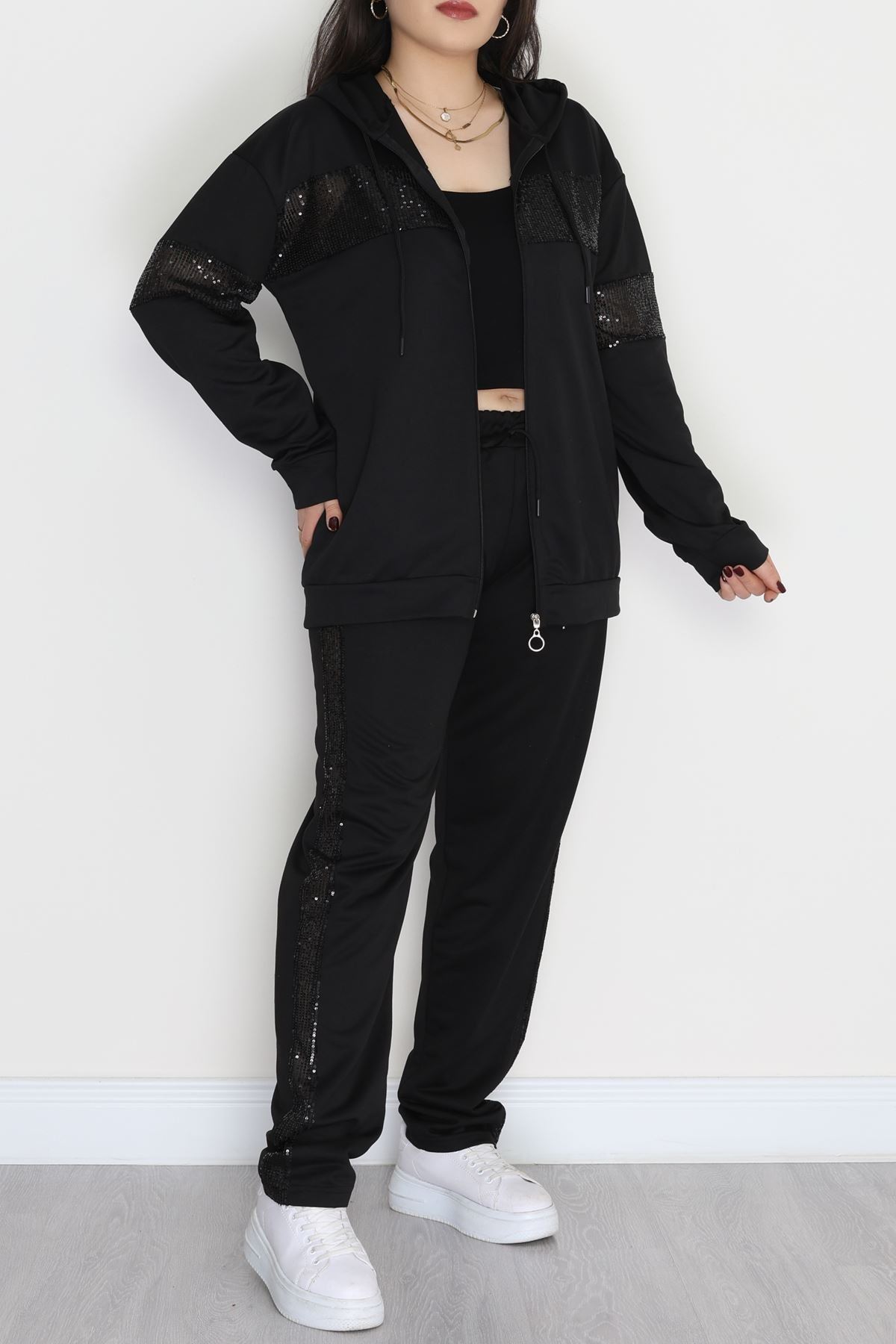 Pul Garnili 2 İplik Büyük Beden Eşofman Takımı Siyah - 50808.1857.