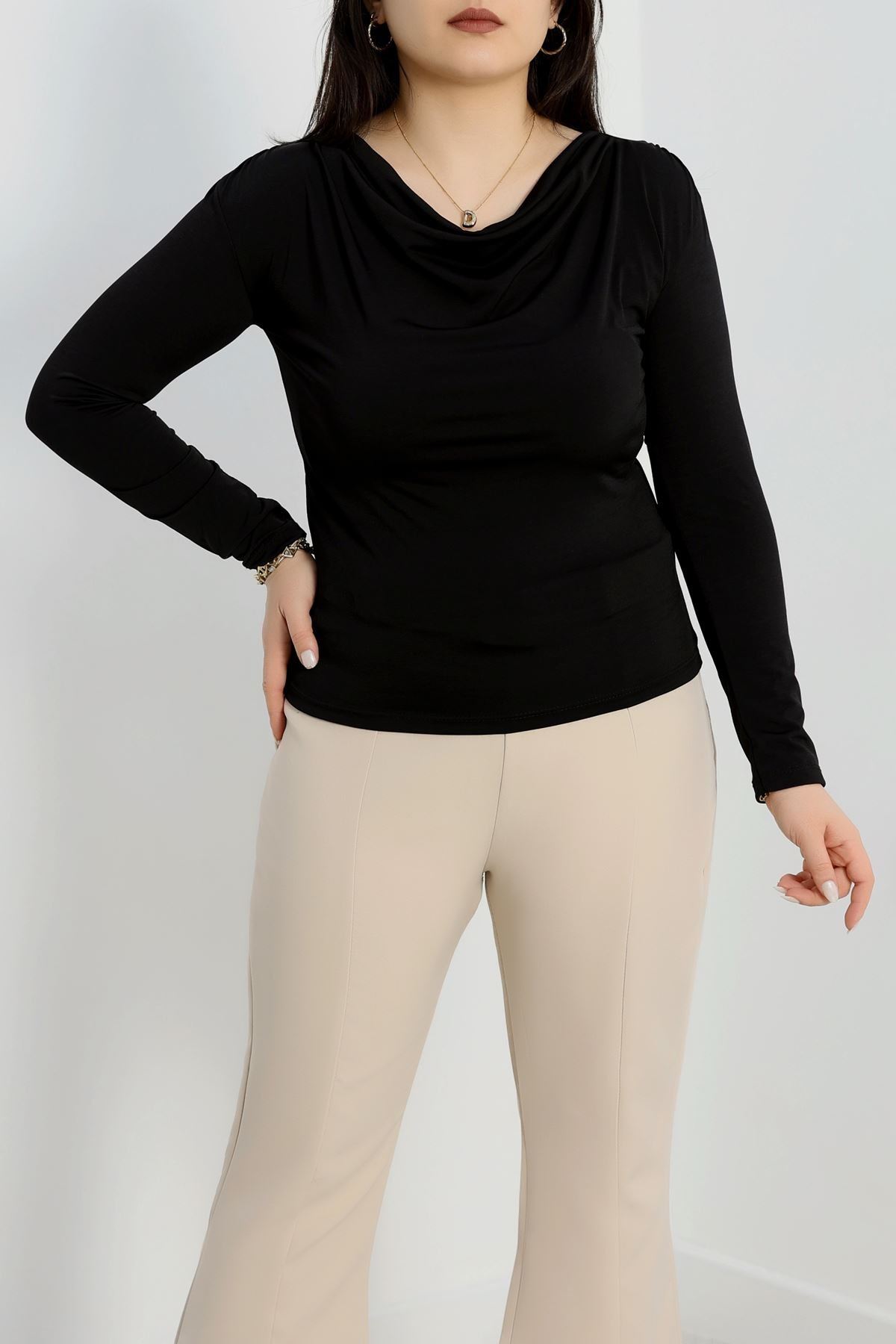 Degaje Yaka Büyük Beden Sandy Bluz Siyah - 70770.1949.