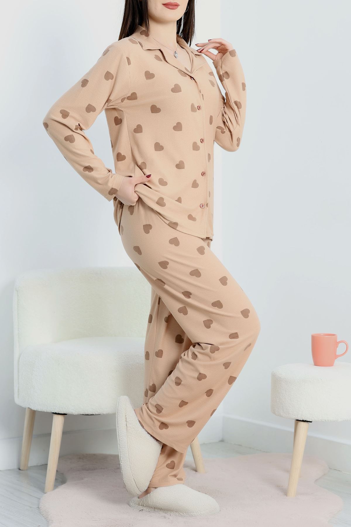 Düğmeli Süet Pijama Takımı Kahvekalp - 450.1287.