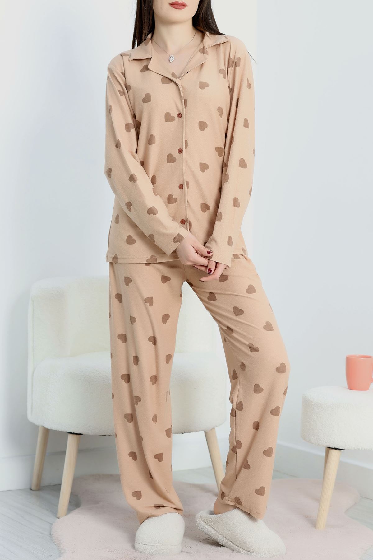 Düğmeli Süet Pijama Takımı Kahvekalp - 450.1287.