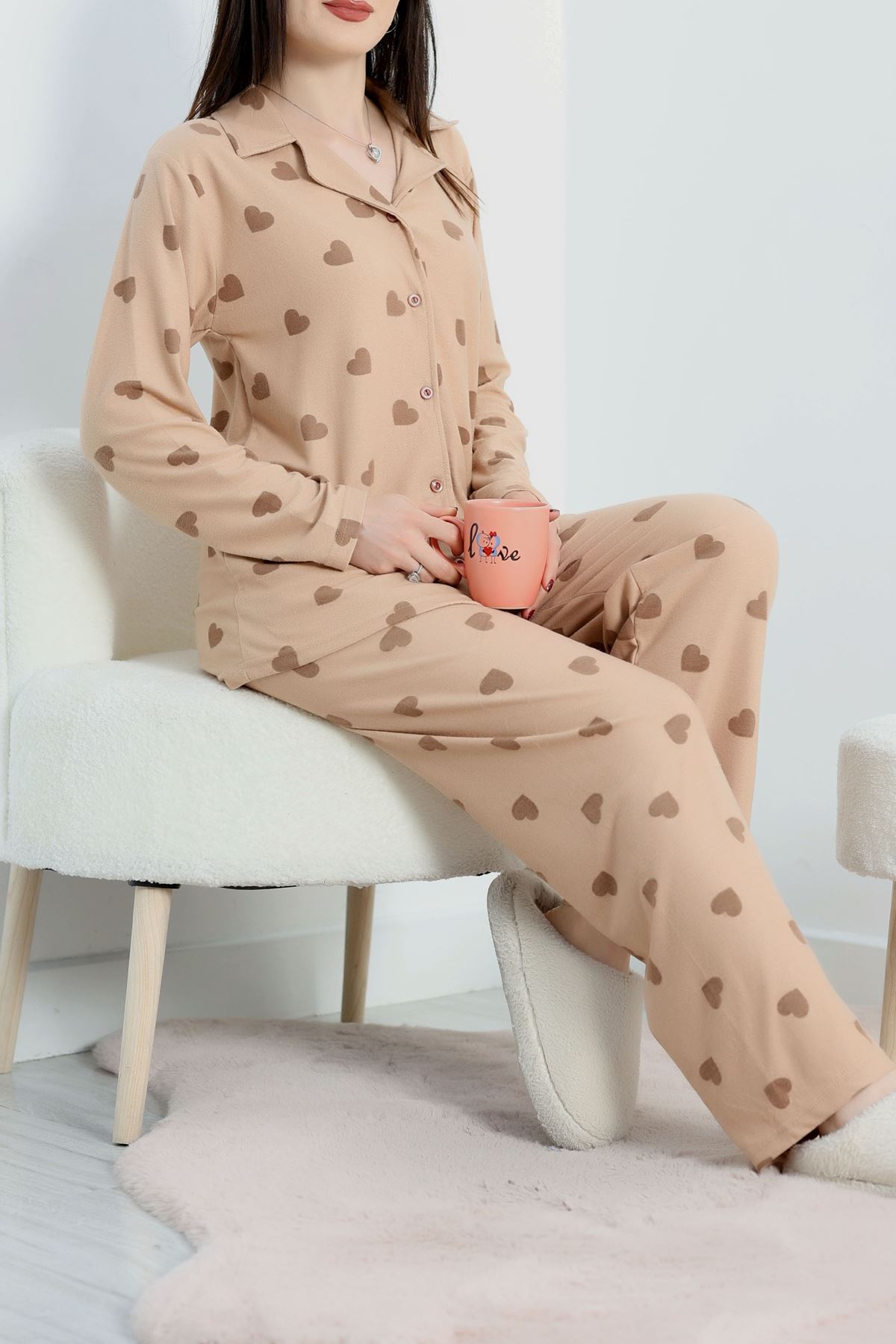 Düğmeli Süet Pijama Takımı Kahvekalp - 450.1287.