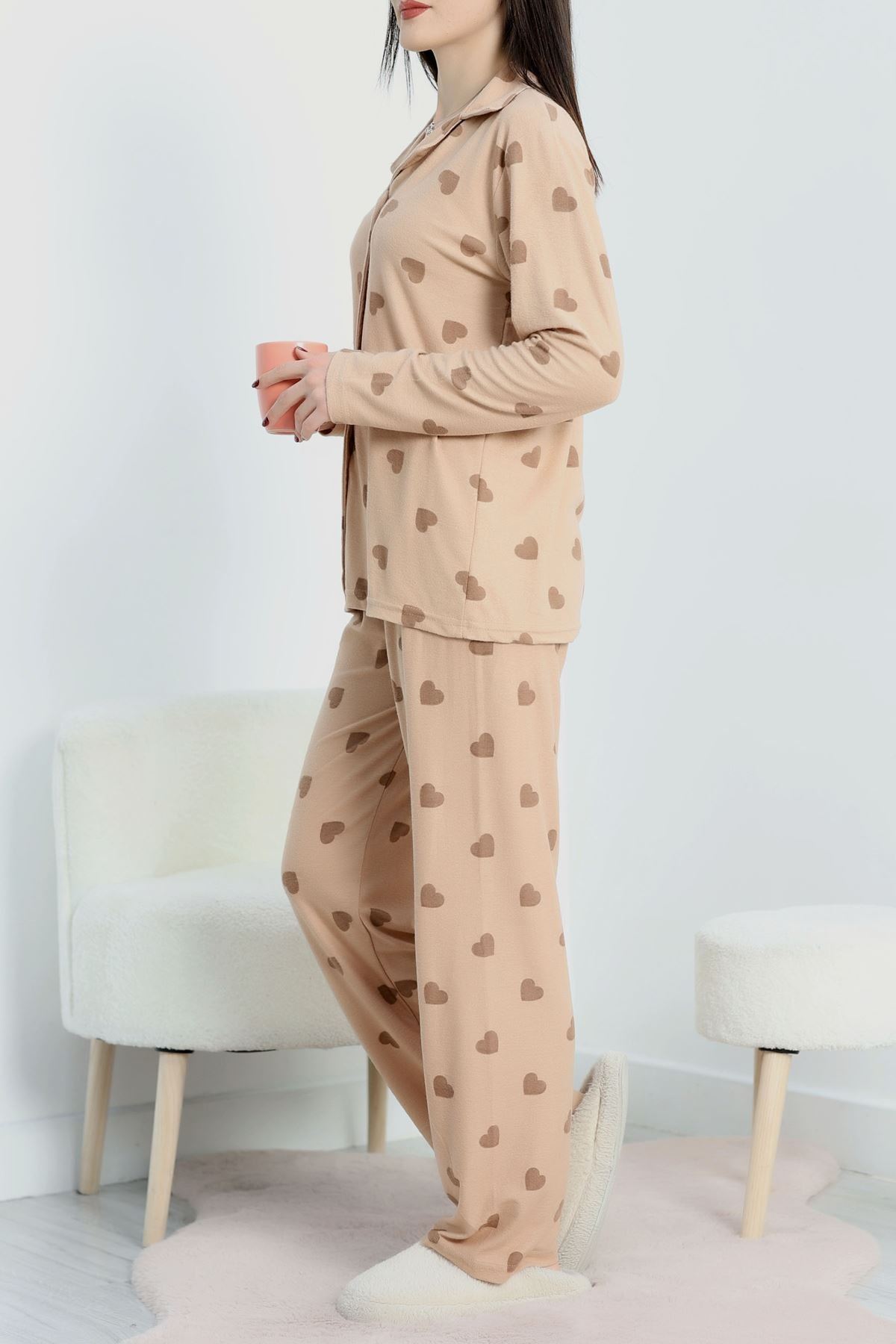 Düğmeli Süet Pijama Takımı Kahvekalp - 450.1287.