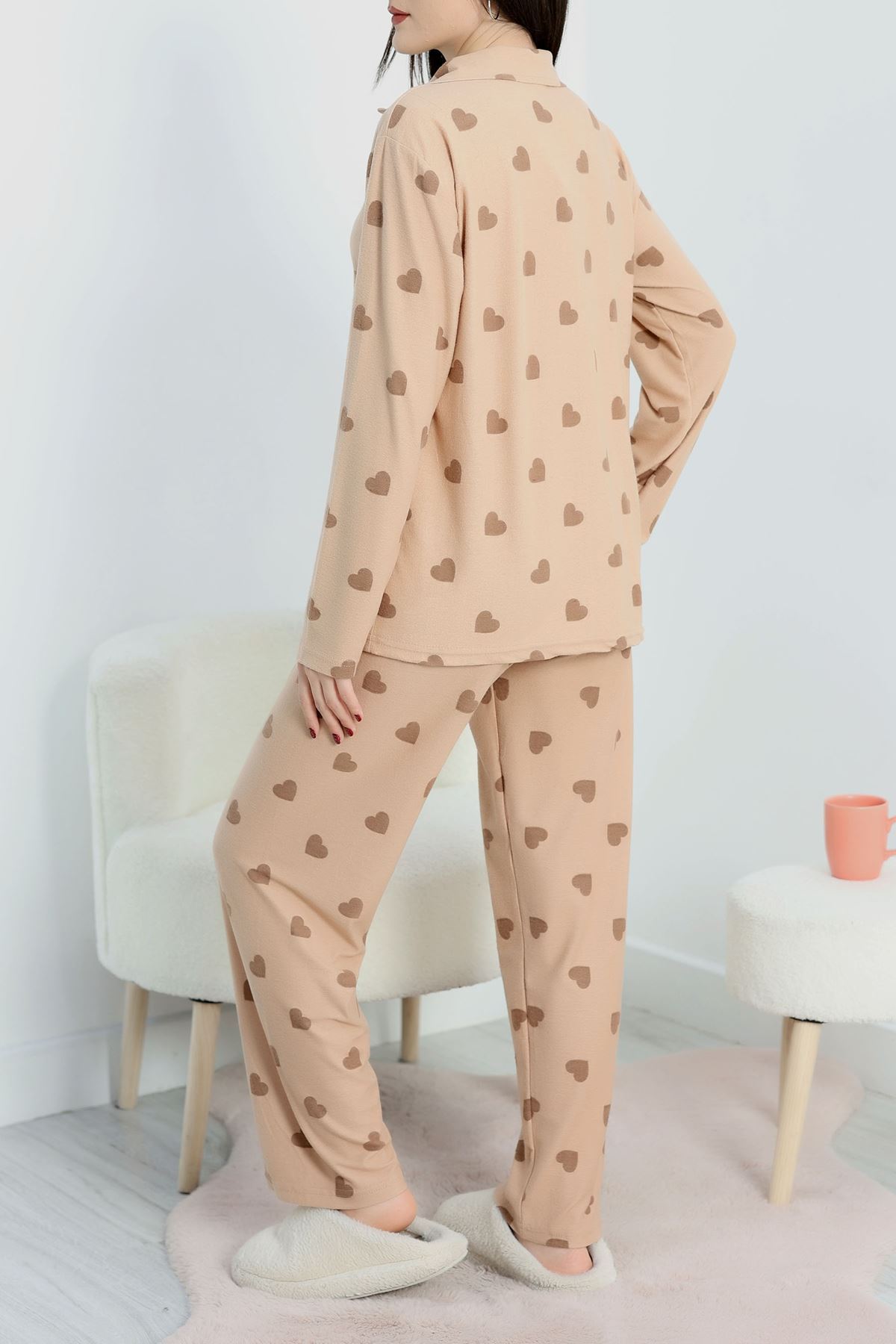 Düğmeli Süet Pijama Takımı Kahvekalp - 450.1287.