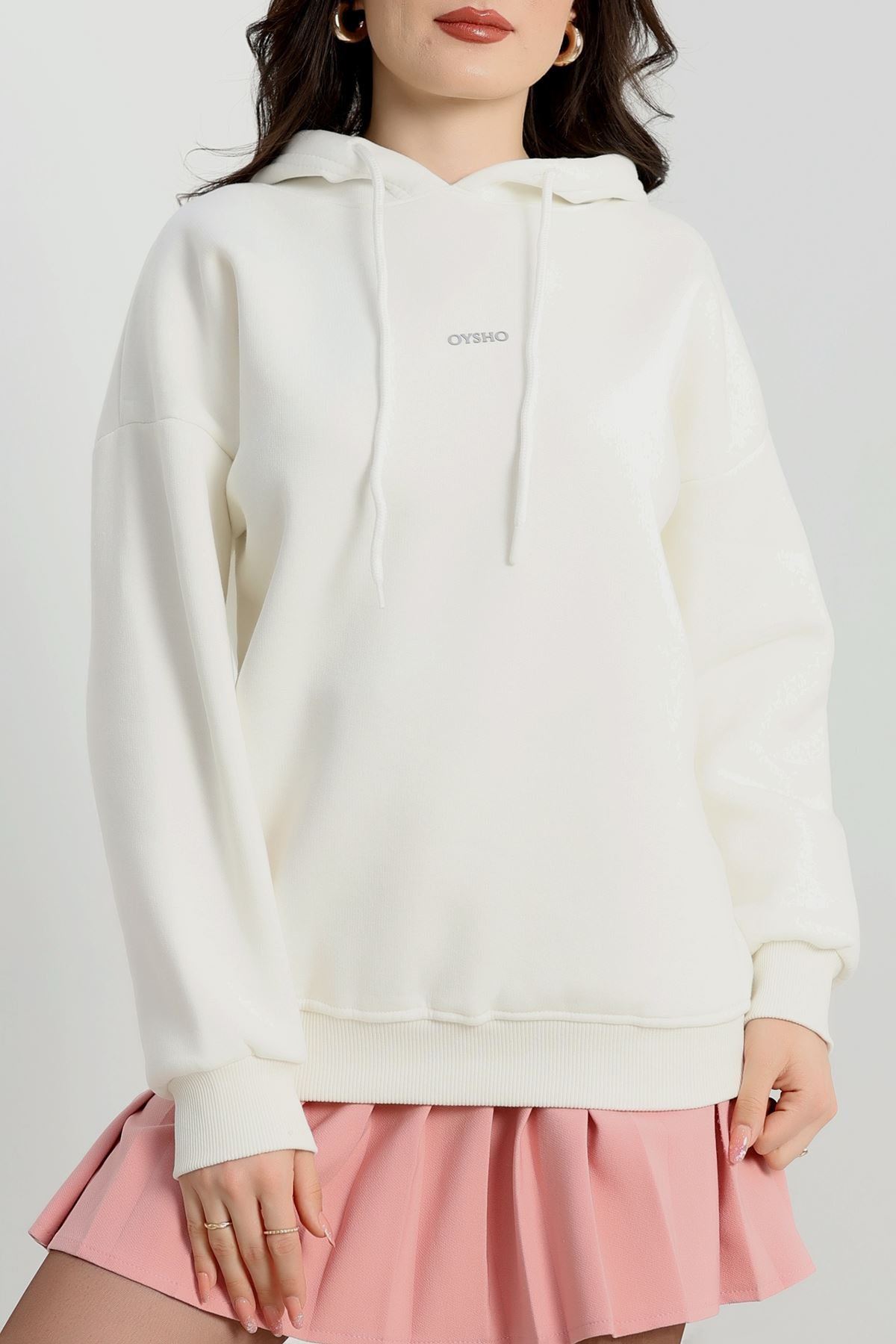 3 İplik Kapşonlu  Baskılı Sweat Ekru - 42223.1878.