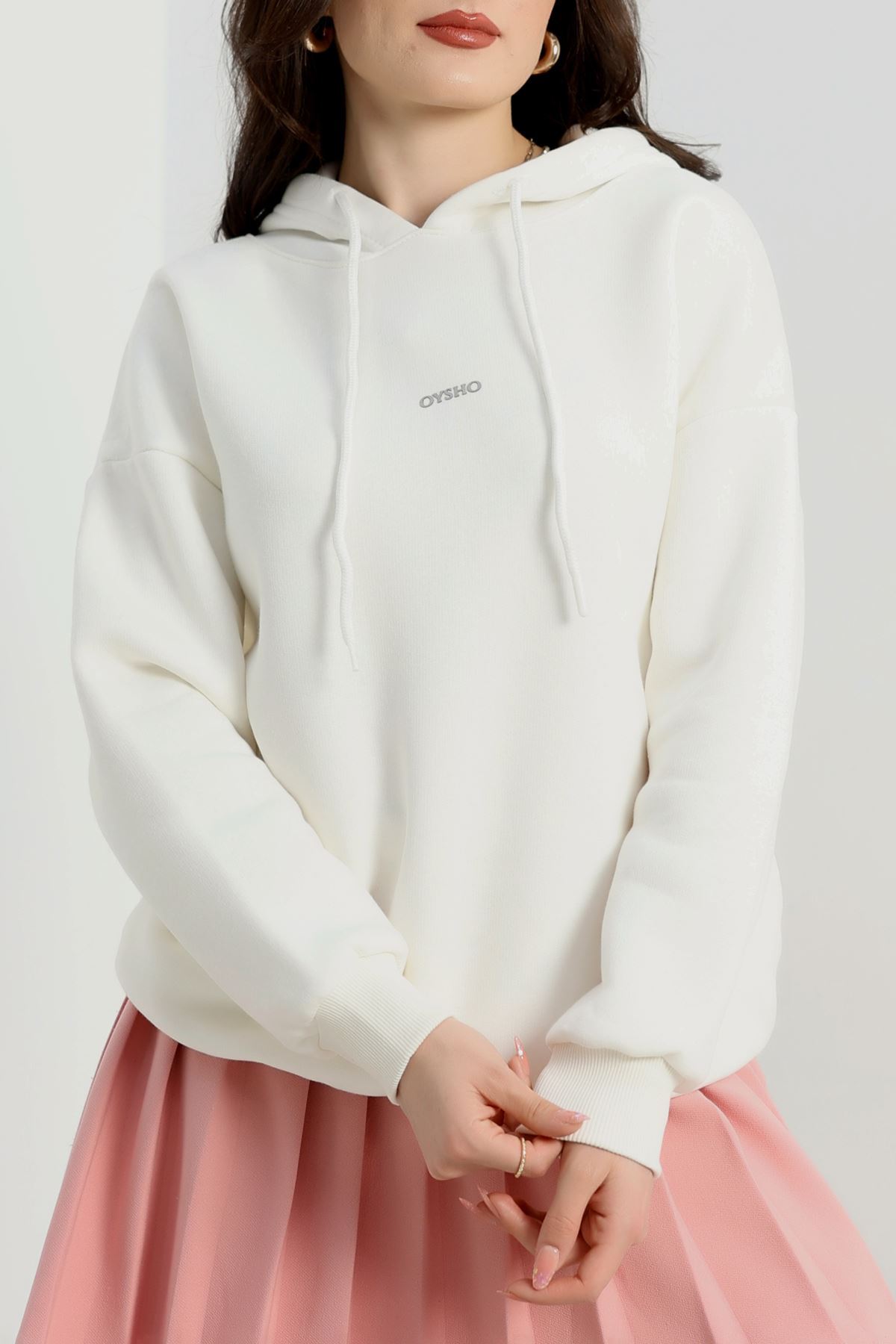 3 İplik Kapşonlu  Baskılı Sweat Ekru - 42223.1878.