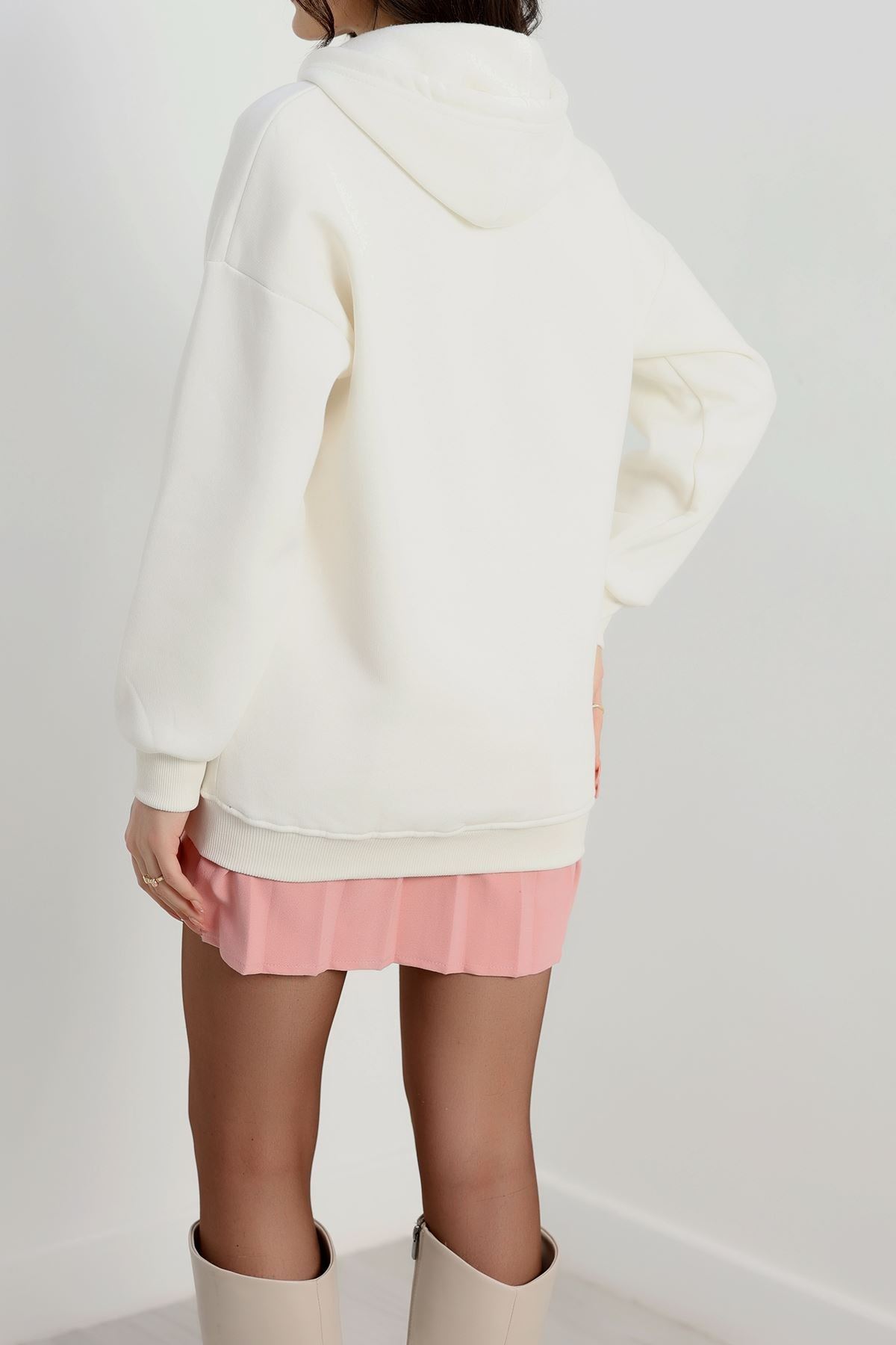 3 İplik Kapşonlu  Baskılı Sweat Ekru - 42223.1878.