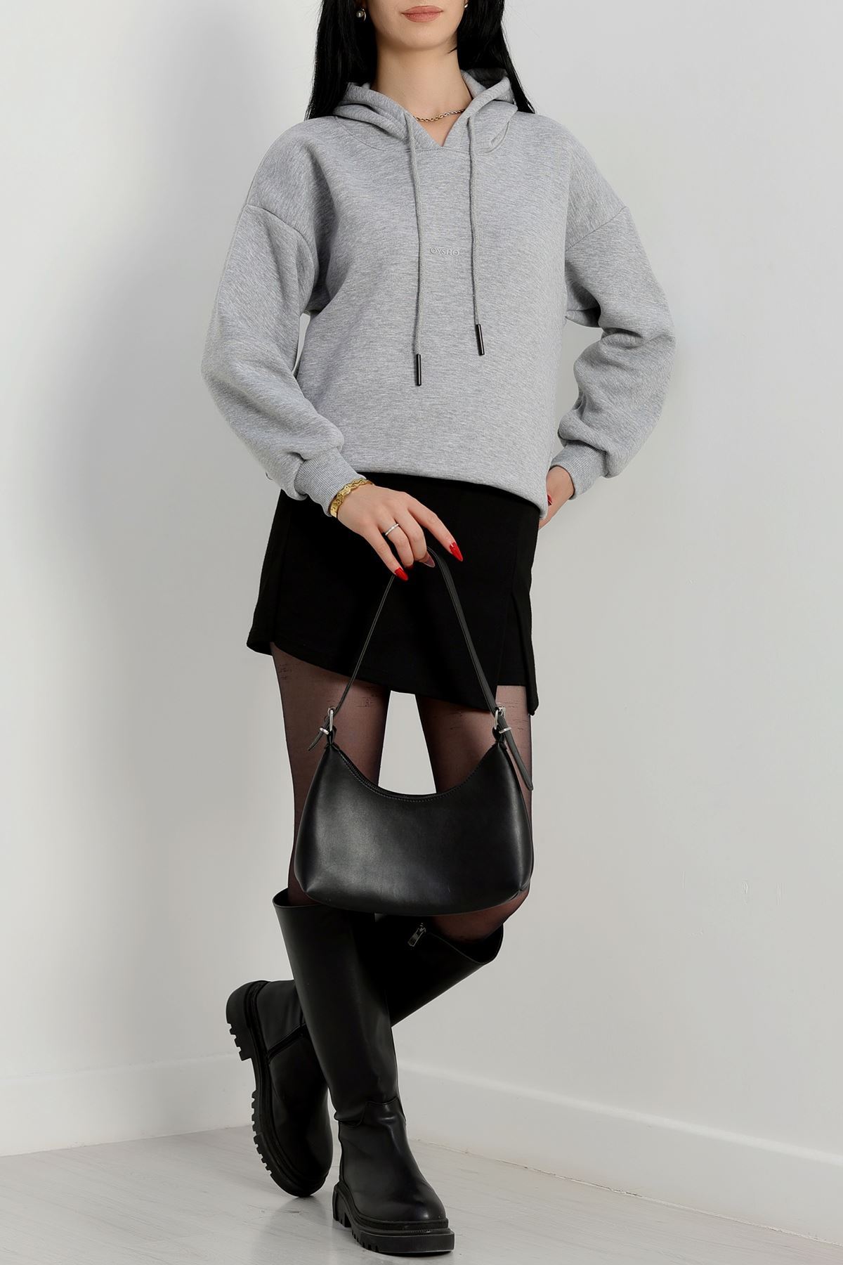 3 İplik Kapşonlu  Baskılı Sweat Gri - 42223.1878.