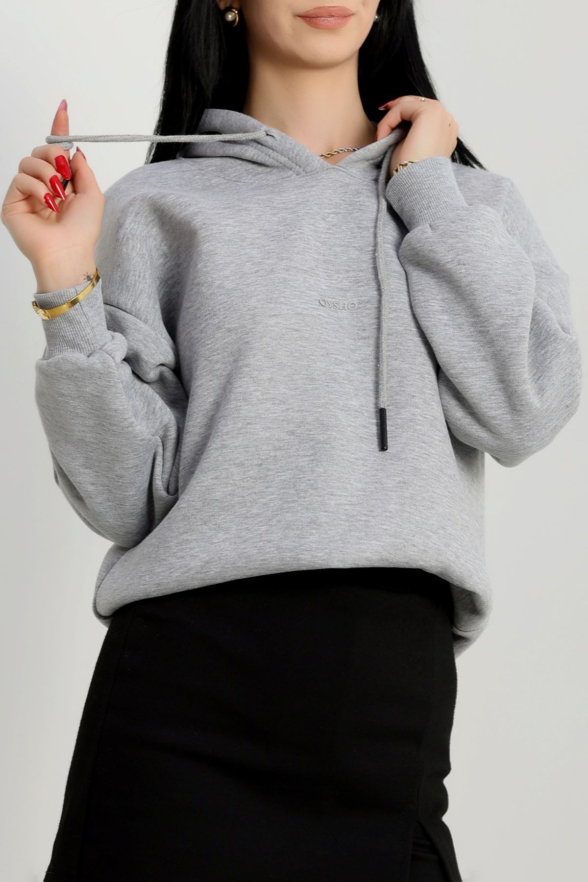 3 İplik Kapşonlu  Baskılı Sweat Gri - 42223.1878.