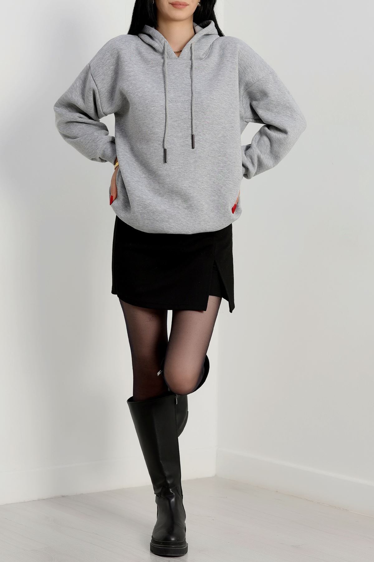 3 İplik Kapşonlu  Baskılı Sweat Gri - 42223.1878.