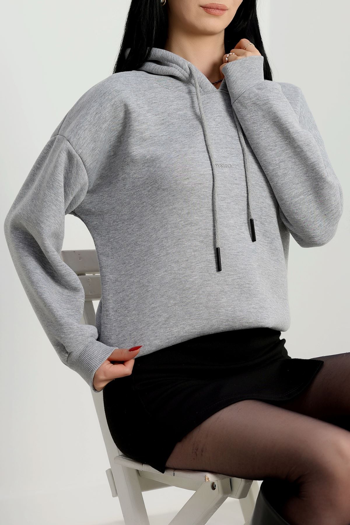 3 İplik Kapşonlu  Baskılı Sweat Gri - 42223.1878.